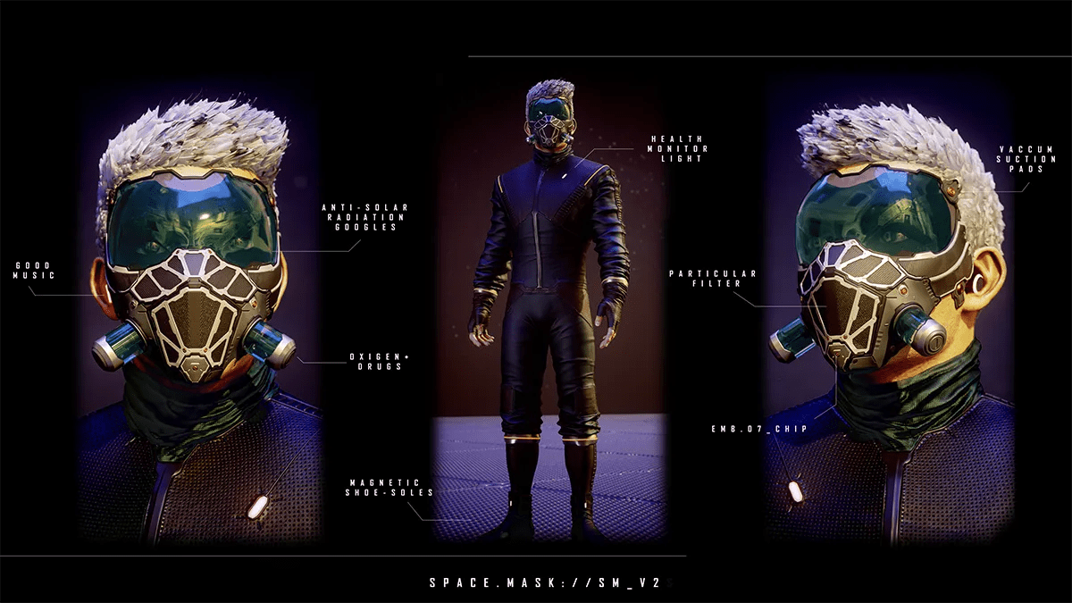 Hoja de presentación 3D del personaje con máscara y traje espacial y sus accesorios, de Jim Joseph Becerra Díaz, alumno de Ilustración y Animación 2D en TRAZOS