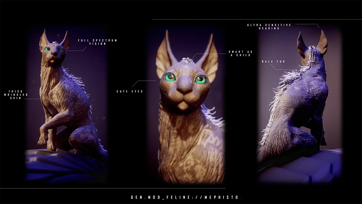 Hoja de diseño 3D de una criatura felina sin pelo llamada Mephisto con detalles anatómicos, de Jim Joseph Becerra Díaz, alumno de Ilustración y Animación 2D en TRAZOS