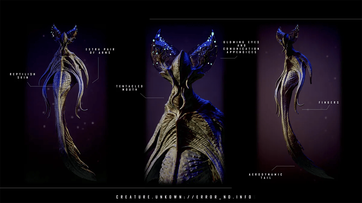 Hoja de diseño 3D de una criatura alienígena con apéndices y piel reptiliana, de Jim Joseph Becerra Díaz, alumno de Ilustración y Animación 2D en TRAZOS