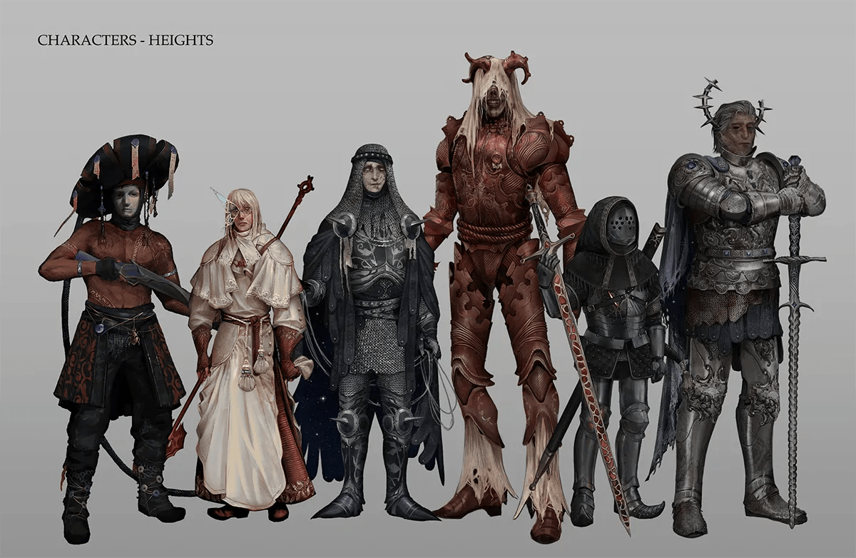 Lámina de comparación de alturas del elenco de seis personajes de fantasía oscura sobre fondo gris, de Iván Mata, alumno de Concept Art en TRAZOS