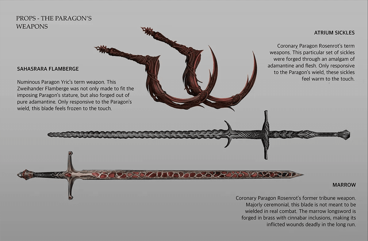 Hoja de props con las armas de los paragones, hoces, una flamberge y una espada larga, con descripciones, de Iván Mata, alumno de Concept Art en TRAZOS