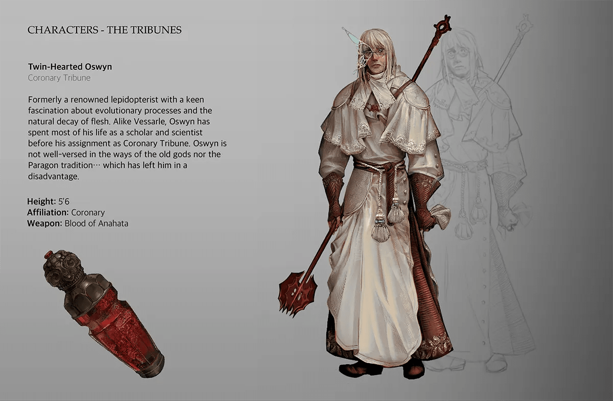 Hoja de personaje del tribuno Oswyn, un erudito de túnica clara con báculo y maza, de Iván Mata, alumno de Concept Art en TRAZOS