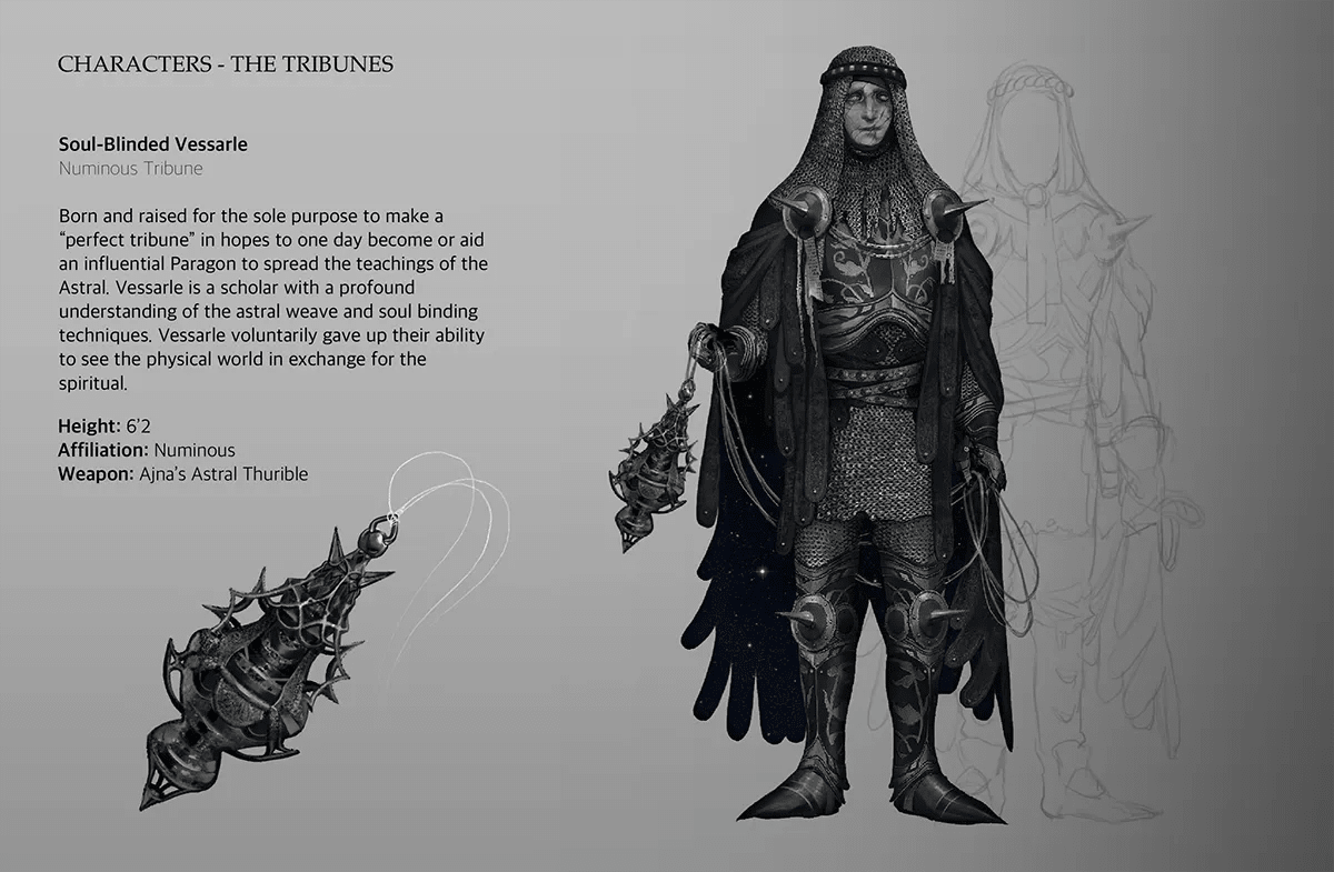 Hoja de personaje del tribuno Vessarle con armadura de malla oscura, capucha y un incensario astral, de Iván Mata, alumno de Concept Art en TRAZOS