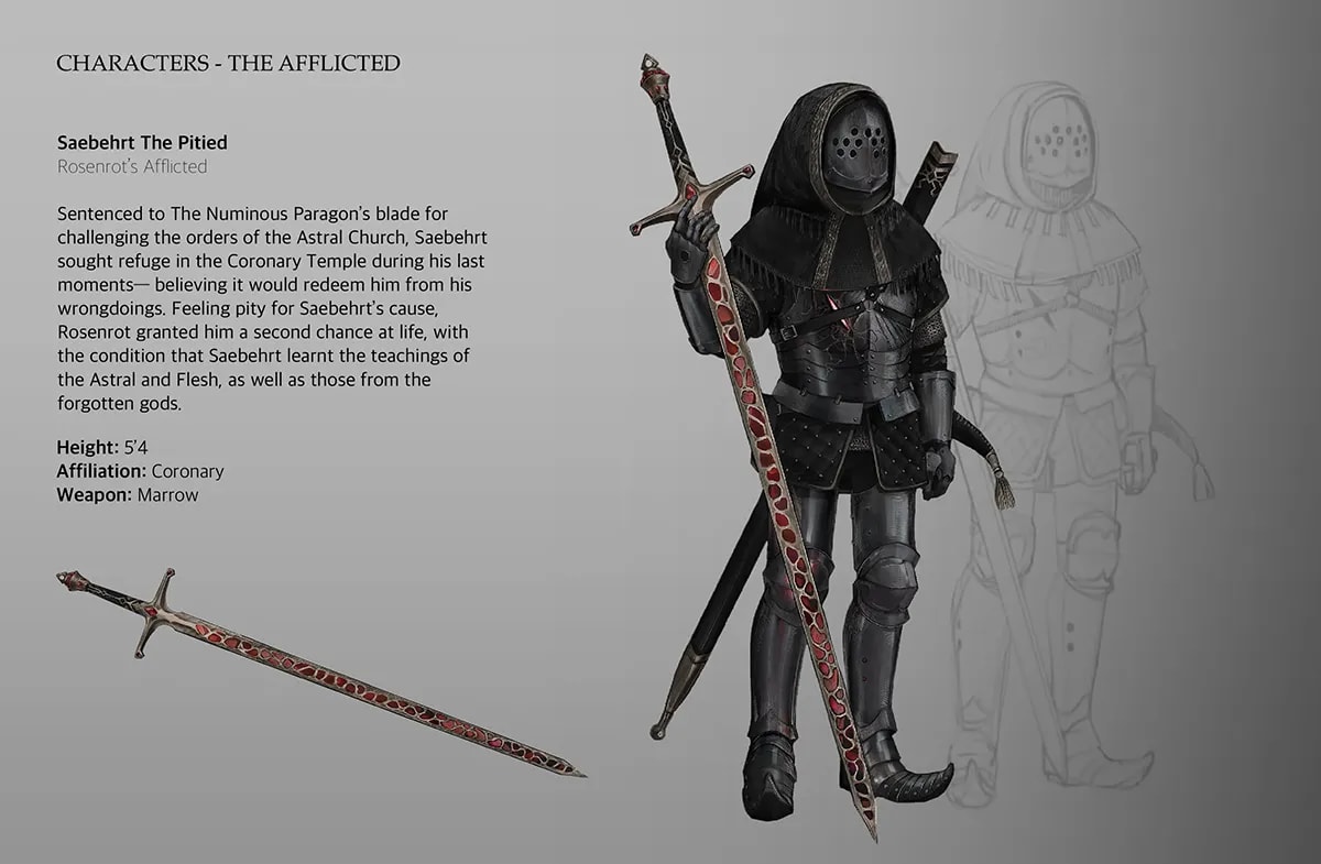 Hoja de personaje del afligido Saebehrt con armadura negra, casco con visera de puntos y una espada de filo rojo, de Iván Mata, alumno de Concept Art en TRAZOS