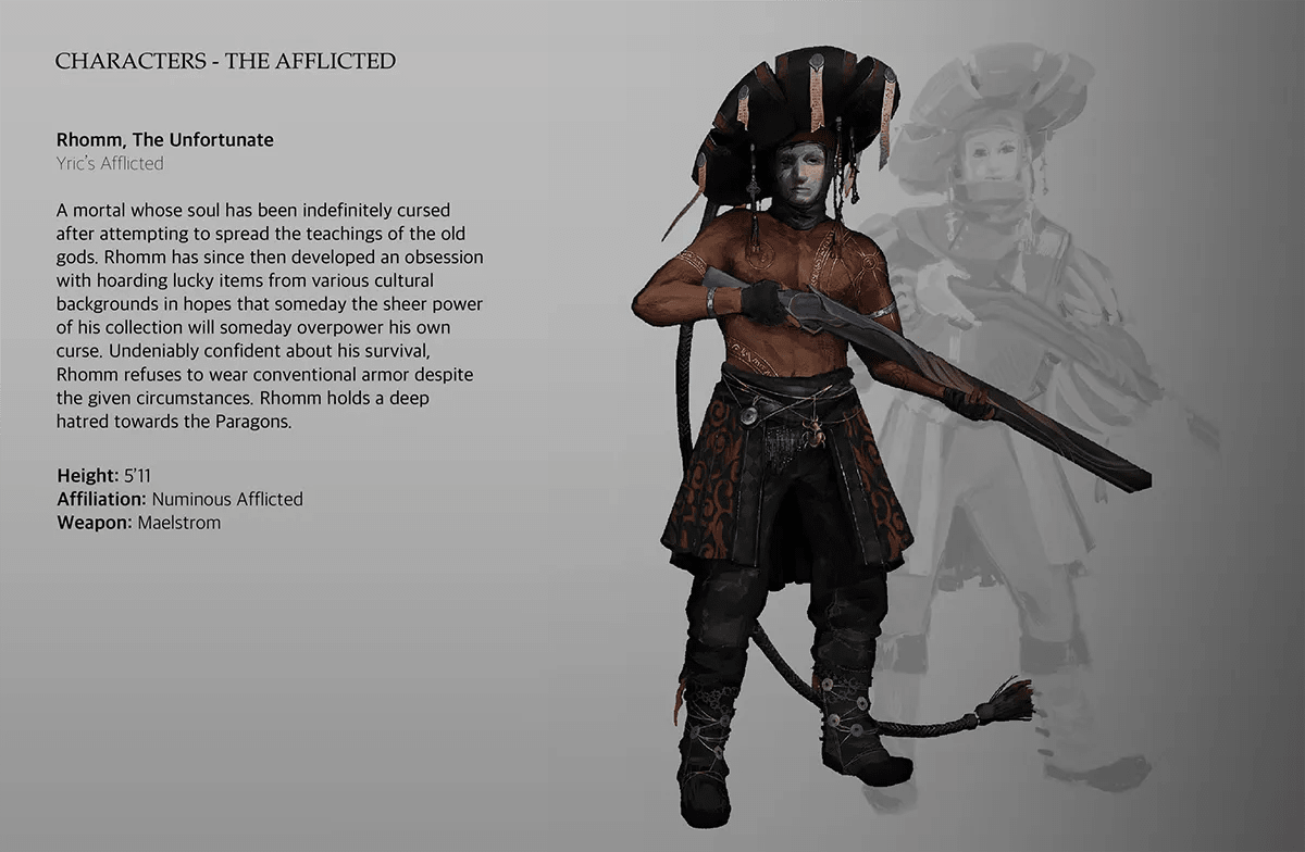 Hoja de personaje del afligido Rhomm, un hombre con torso descubierto, tocado ornamentado y arma curva, de Iván Mata, alumno de Concept Art en TRAZOS