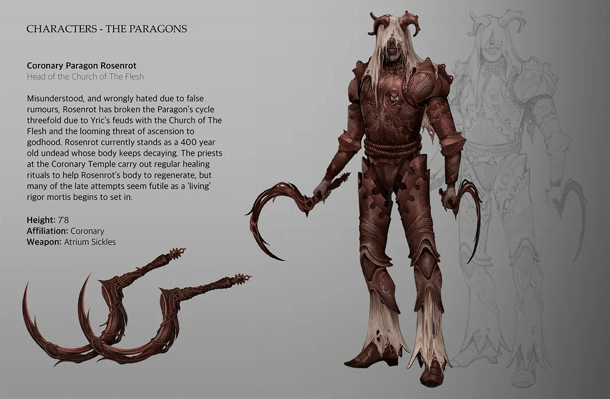 Hoja de personaje del paragon Rosenrot, un no muerto con armadura roja, cuernos y hoces, de Iván Mata, alumno de Concept Art en TRAZOS