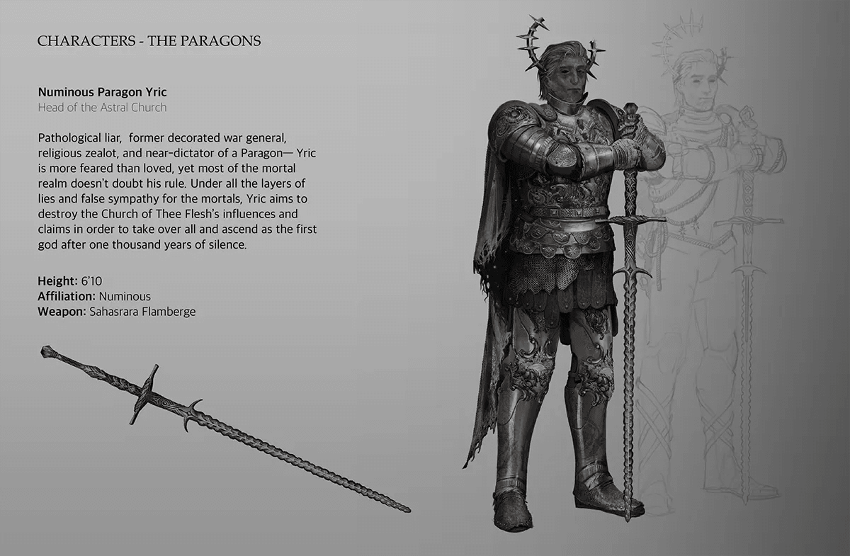 Hoja de personaje del paragon Yric, un general con armadura plateada, capa azul y corona de espinas, con una espada flamberge, de Iván Mata, alumno de Concept Art en TRAZOS