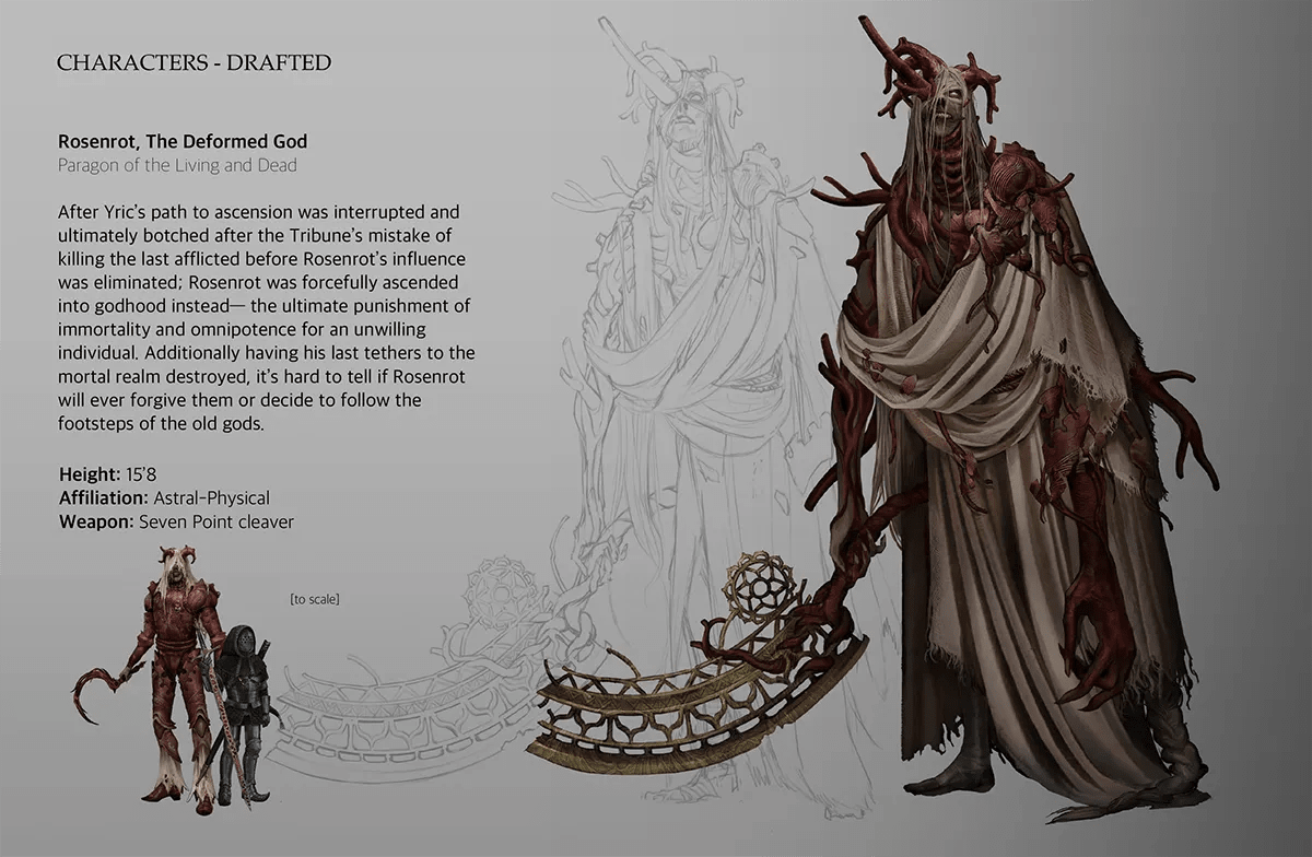 Hoja de personaje de Rosenrot como dios deforme, una figura colosal con túnica y ramas rojas que brotan del cuerpo, de Iván Mata, alumno de Concept Art en TRAZOS