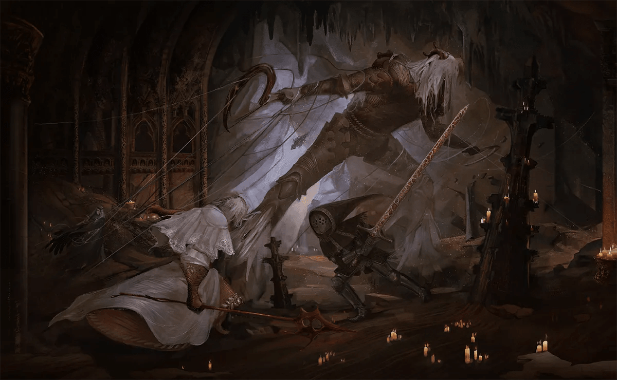 Ilustración de entorno de una escena en un templo en penumbra con velas donde un sacerdote se inclina ante una figura imponente, de Iván Mata, alumno de Concept Art en TRAZOS