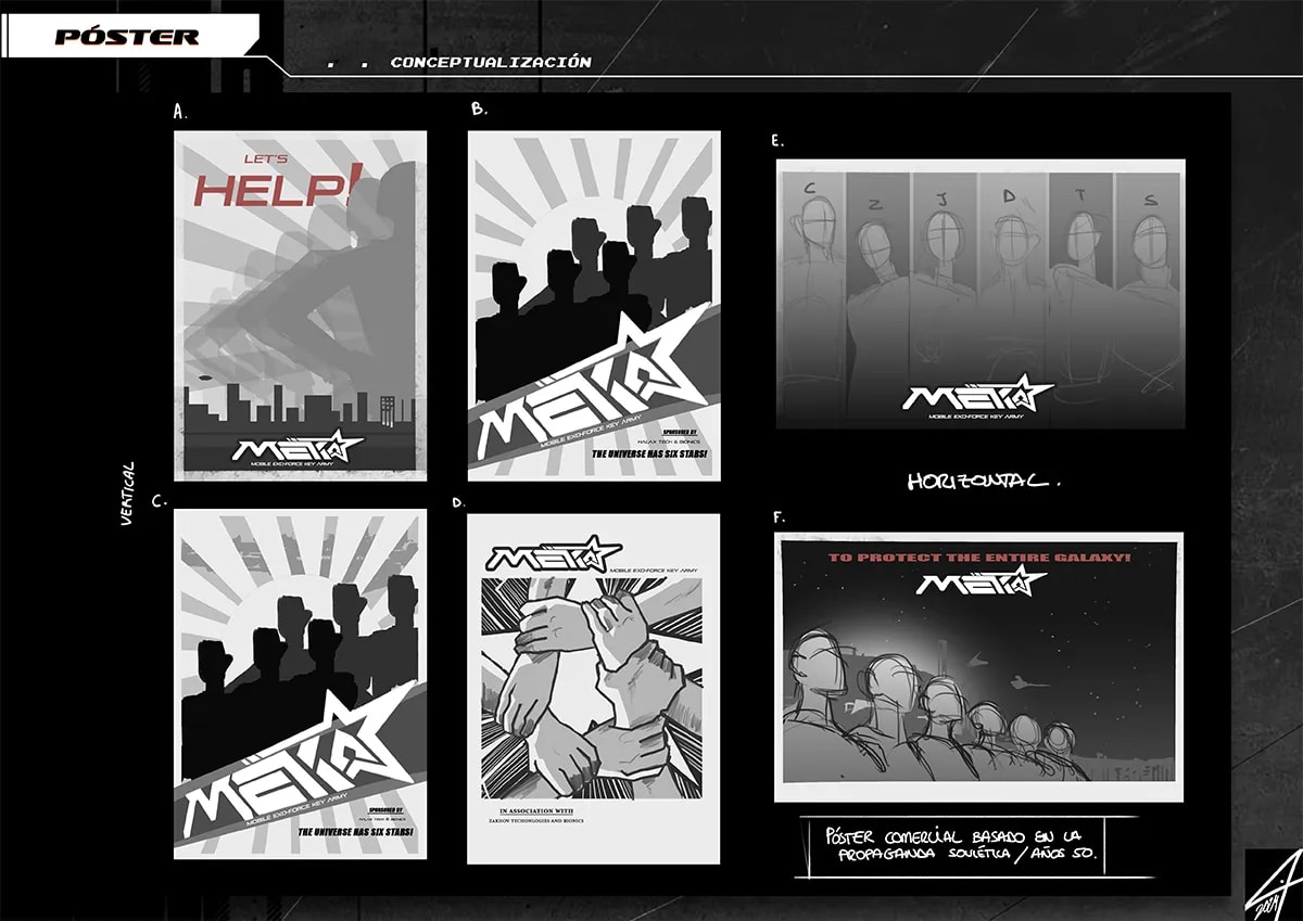 Hoja de conceptos de póster del proyecto Code Meka con exploraciones de composición en vertical y horizontal, de Tatiana Garrido, alumna de Ilustración y Animación 2D en TRAZOS