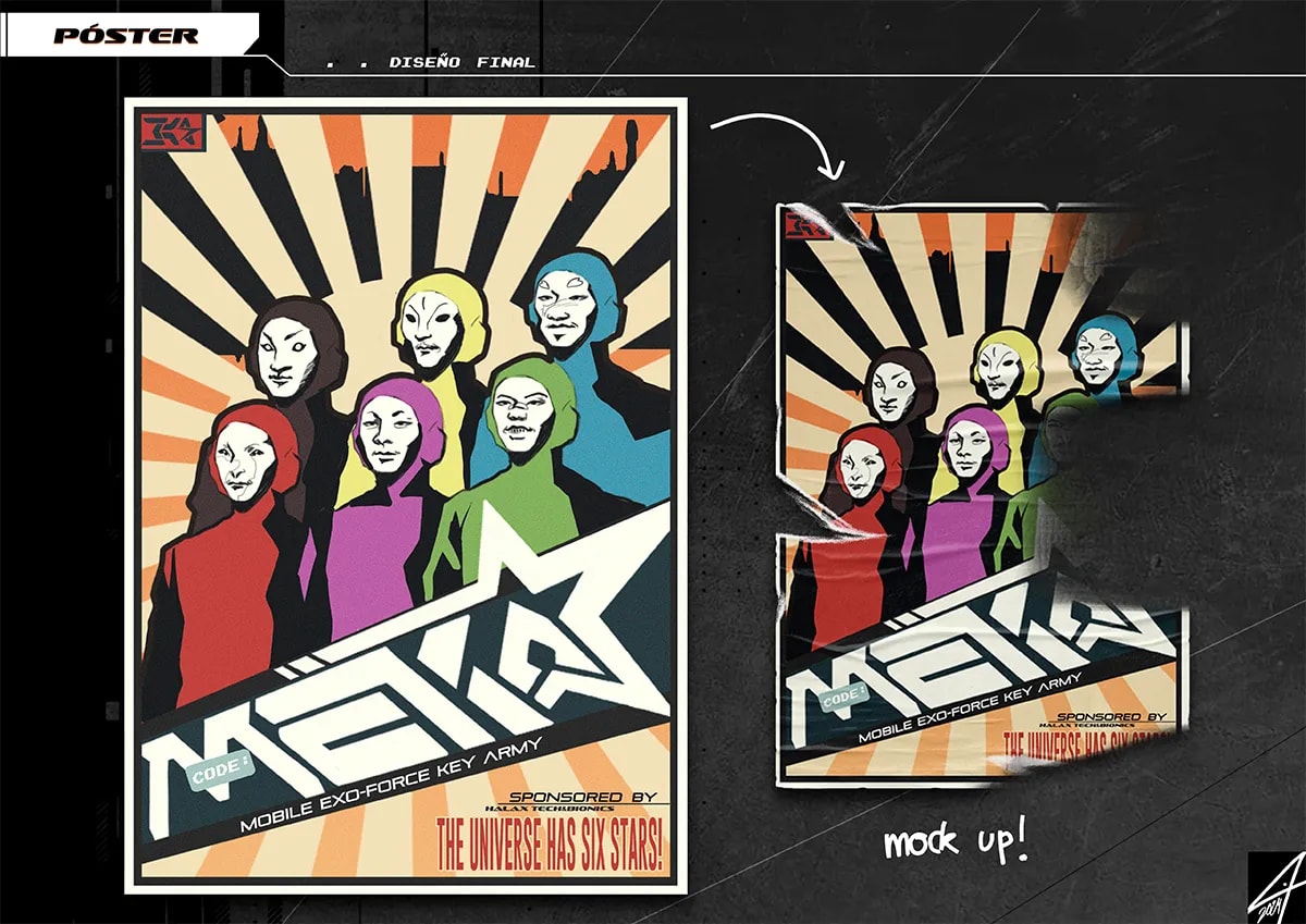 Póster final de estilo propaganda del proyecto Code Meka con seis personajes y un mockup en pared, de Tatiana Garrido, alumna de Ilustración y Animación 2D en TRAZOS