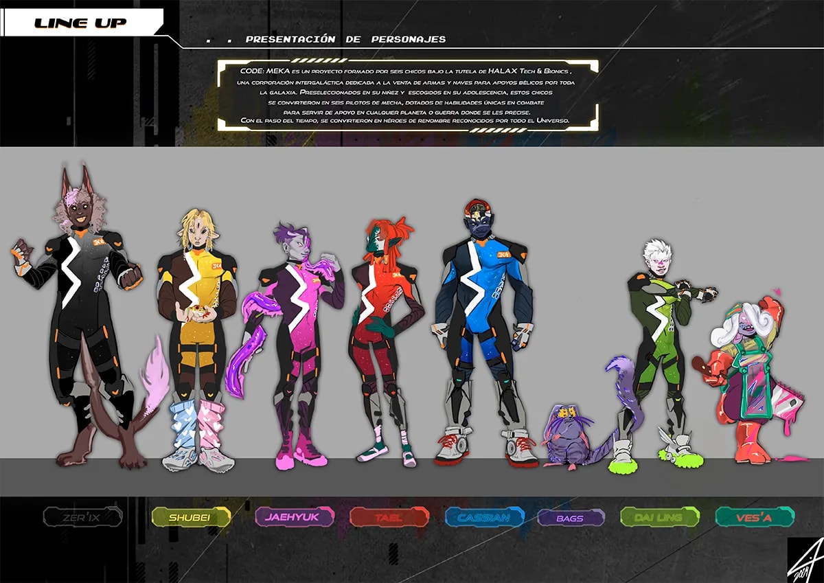 Line up con el reparto de pilotos de mecha del proyecto Code Meka y la descripción del proyecto, de Tatiana Garrido, alumna de Ilustración y Animación 2D en TRAZOS