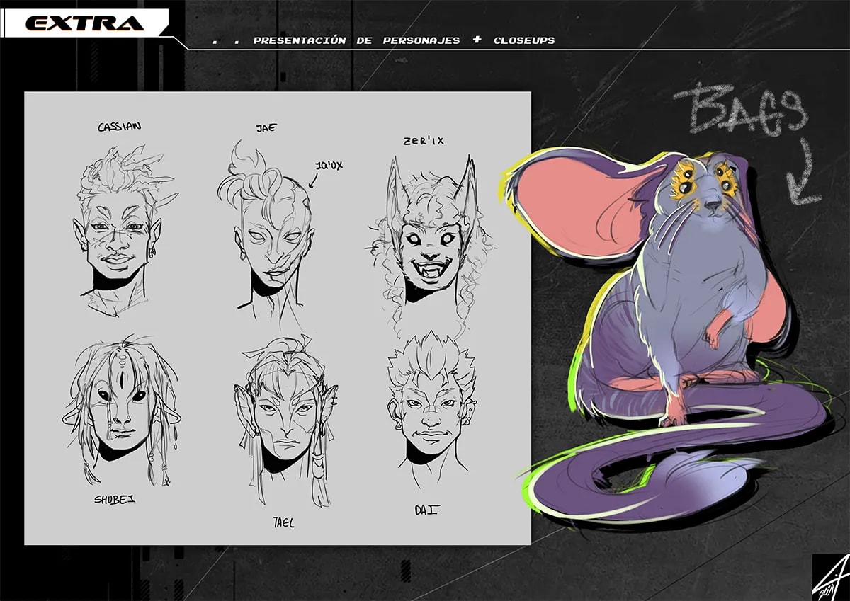 Hoja extra del proyecto Code Meka con estudios de rostro de los personajes y el diseño a color de la criatura Bags, de Tatiana Garrido, alumna de Ilustración y Animación 2D en TRAZOS