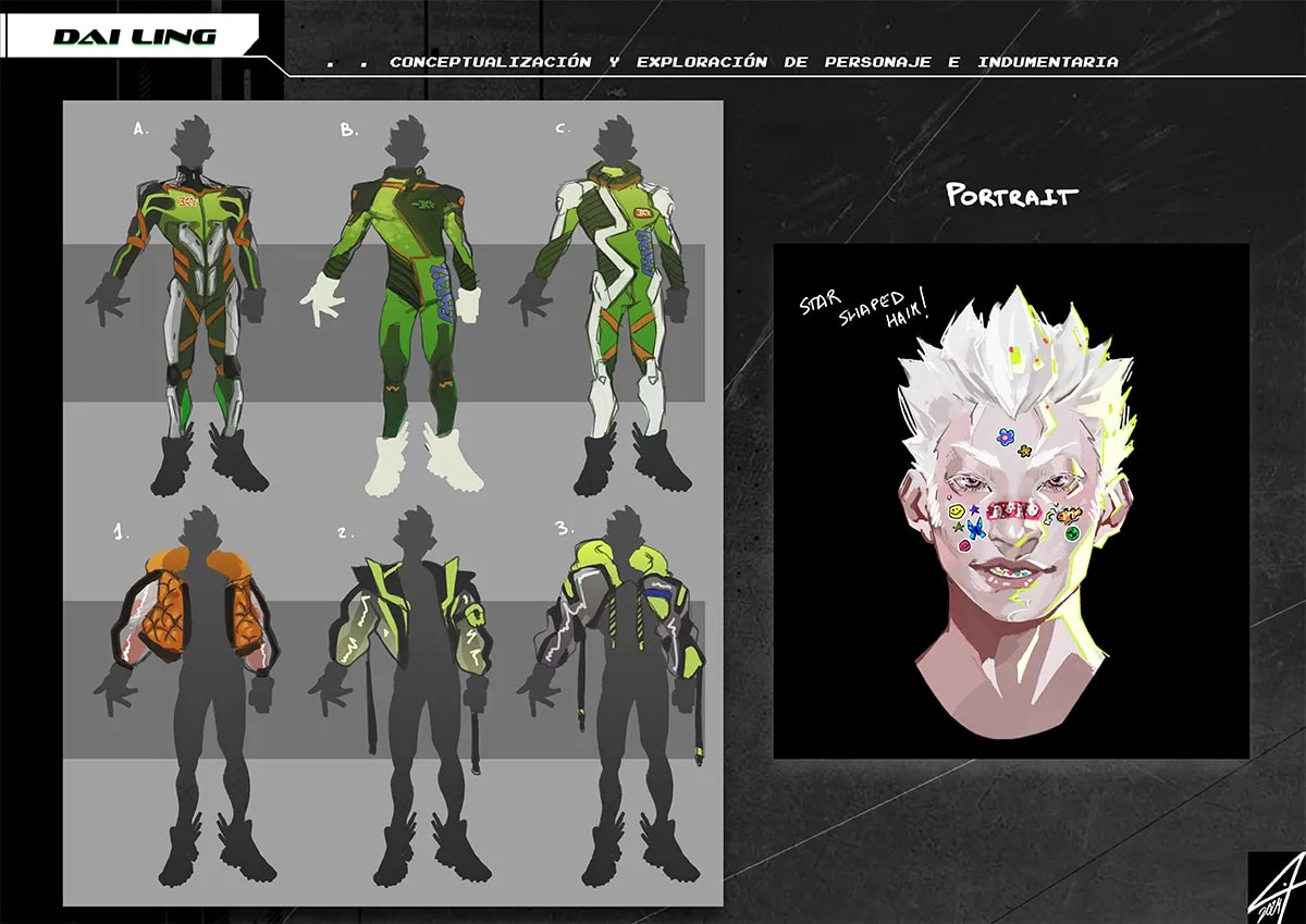 Hoja de concept del personaje Dai Ling del proyecto Code Meka con exploraciones de indumentaria y un retrato con pelo blanco en forma de estrella, de Tatiana Garrido, alumna de Ilustración y Animación 2D en TRAZOS