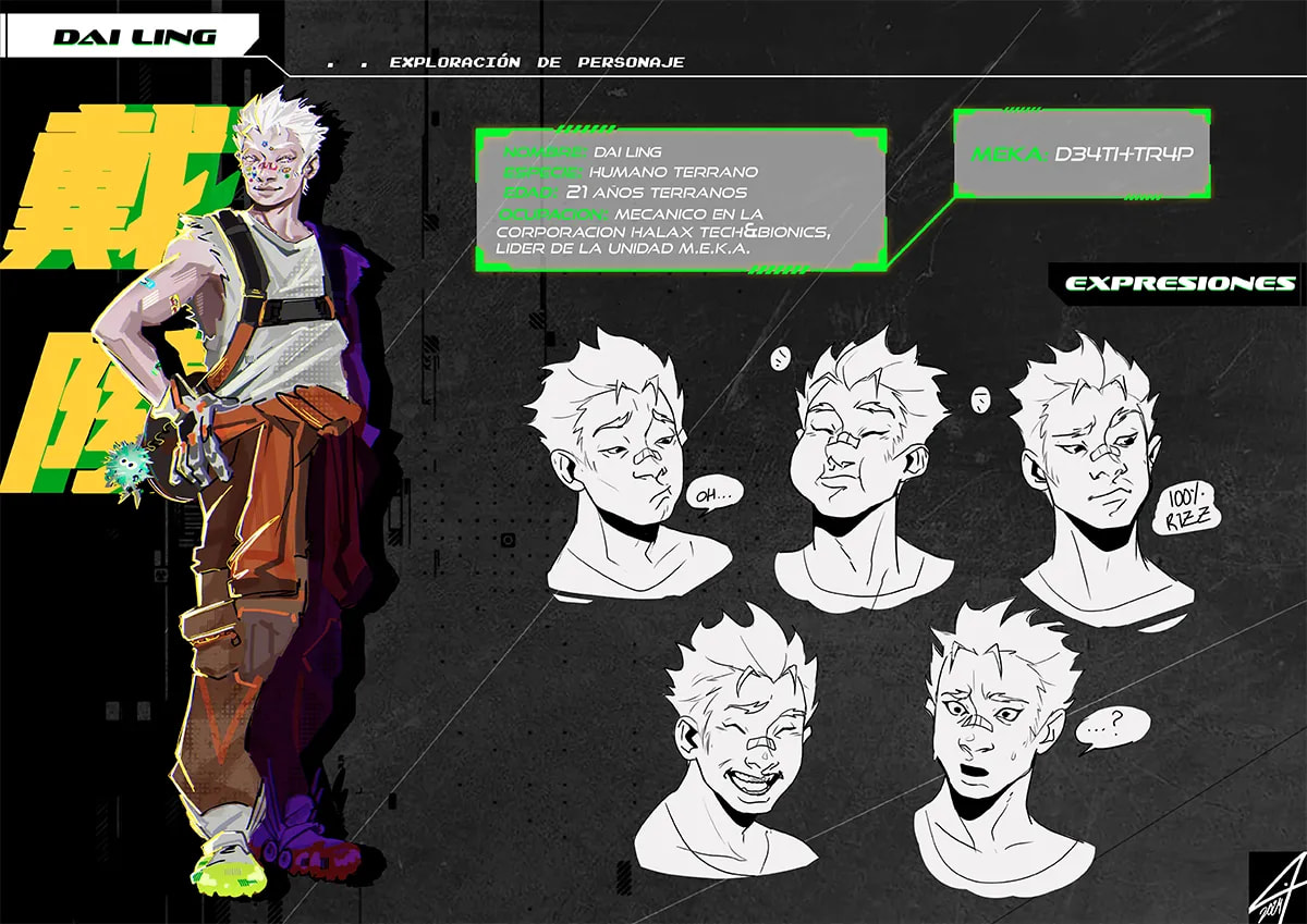 Hoja de exploración del personaje Dai Ling del proyecto Code Meka con diseño de cuerpo completo, ficha y expresiones, de Tatiana Garrido, alumna de Ilustración y Animación 2D en TRAZOS