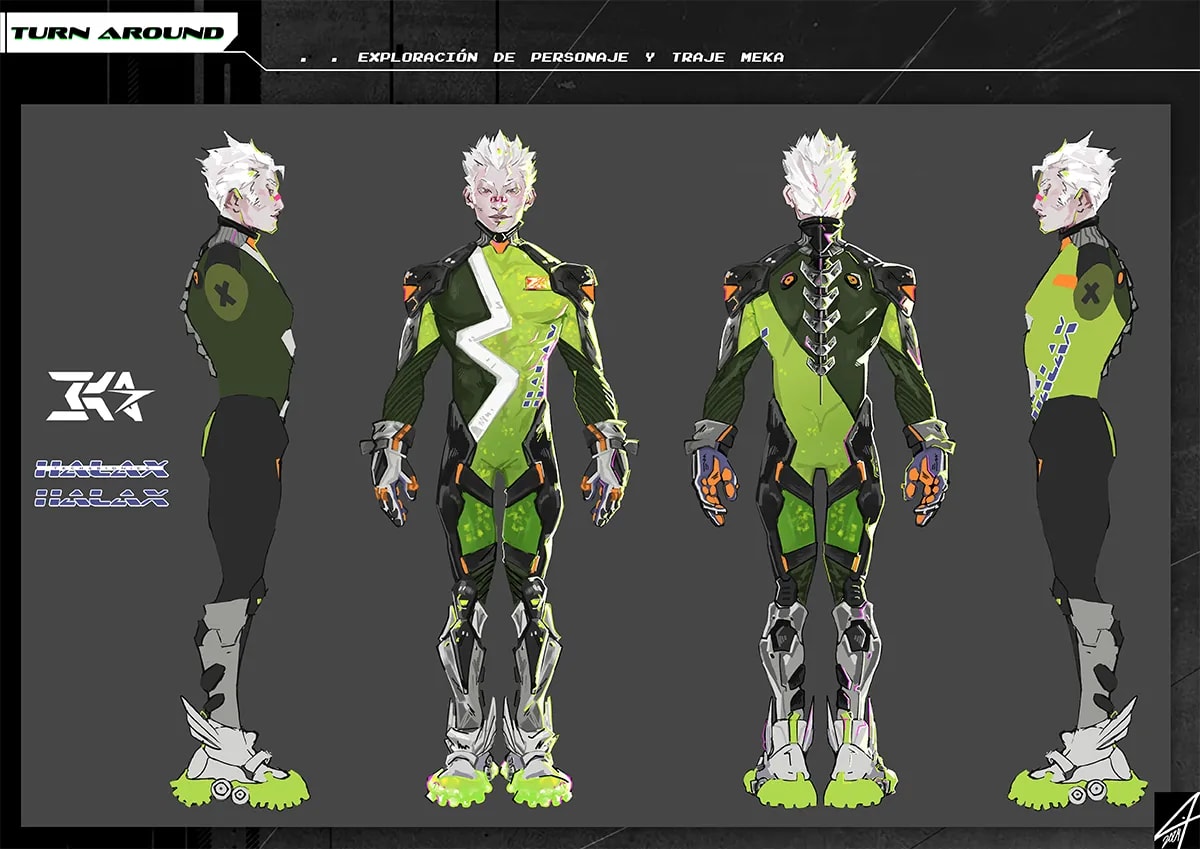Turnaround del personaje Dai Ling con su traje de piloto Meka visto desde cuatro ángulos del proyecto Code Meka, de Tatiana Garrido, alumna de Ilustración y Animación 2D en TRAZOS