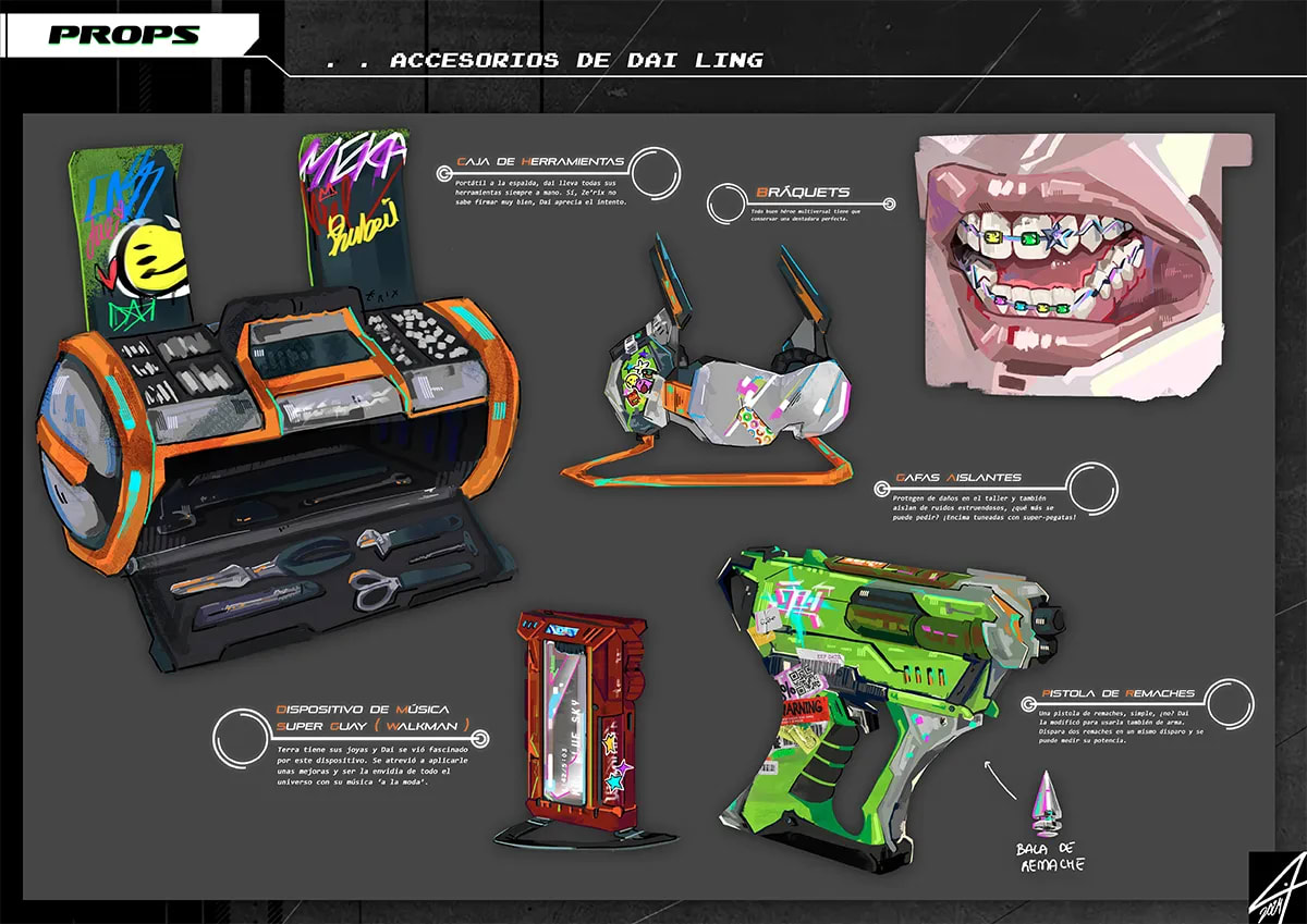 Hoja de props con los accesorios de Dai Ling del proyecto Code Meka (caja de herramientas, gafas, brackets, walkman y pistola de remaches), de Tatiana Garrido, alumna de Ilustración y Animación 2D en TRAZOS