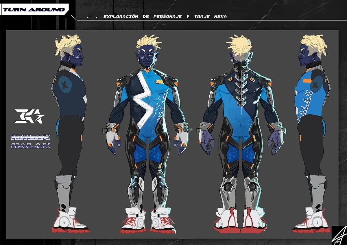 Turnaround del personaje Cassian de piel azul con su traje de piloto Meka visto desde cuatro ángulos del proyecto Code Meka, de Tatiana Garrido, alumna de Ilustración y Animación 2D en TRAZOS
