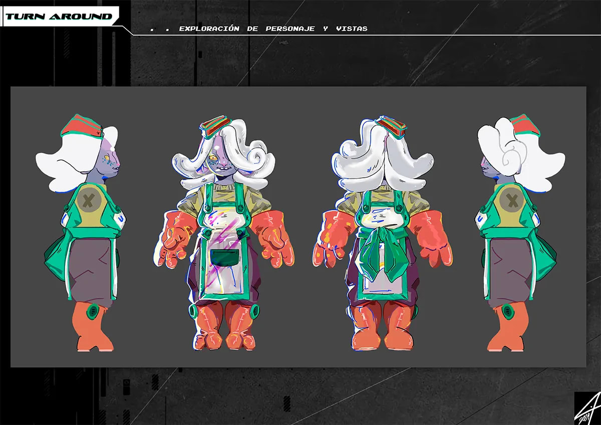 Turnaround del personaje Ves'a, una pequeña criatura de piel morada con pelo blanco y delantal, visto desde cuatro ángulos del proyecto Code Meka, de Tatiana Garrido, alumna de Ilustración y Animación 2D en TRAZOS