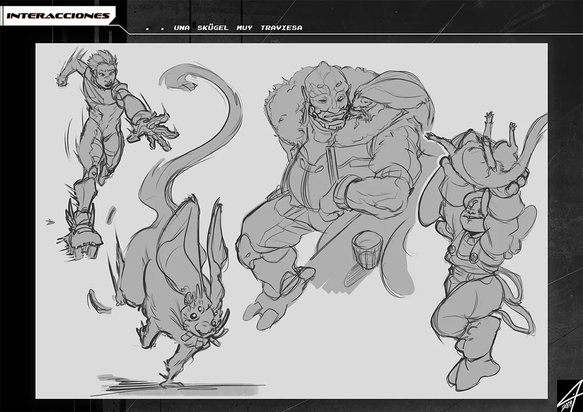 Hoja de bocetos a lápiz de interacciones de los personajes del proyecto Code Meka en distintas poses y escenas, de Tatiana Garrido, alumna de Ilustración y Animación 2D en TRAZOS
