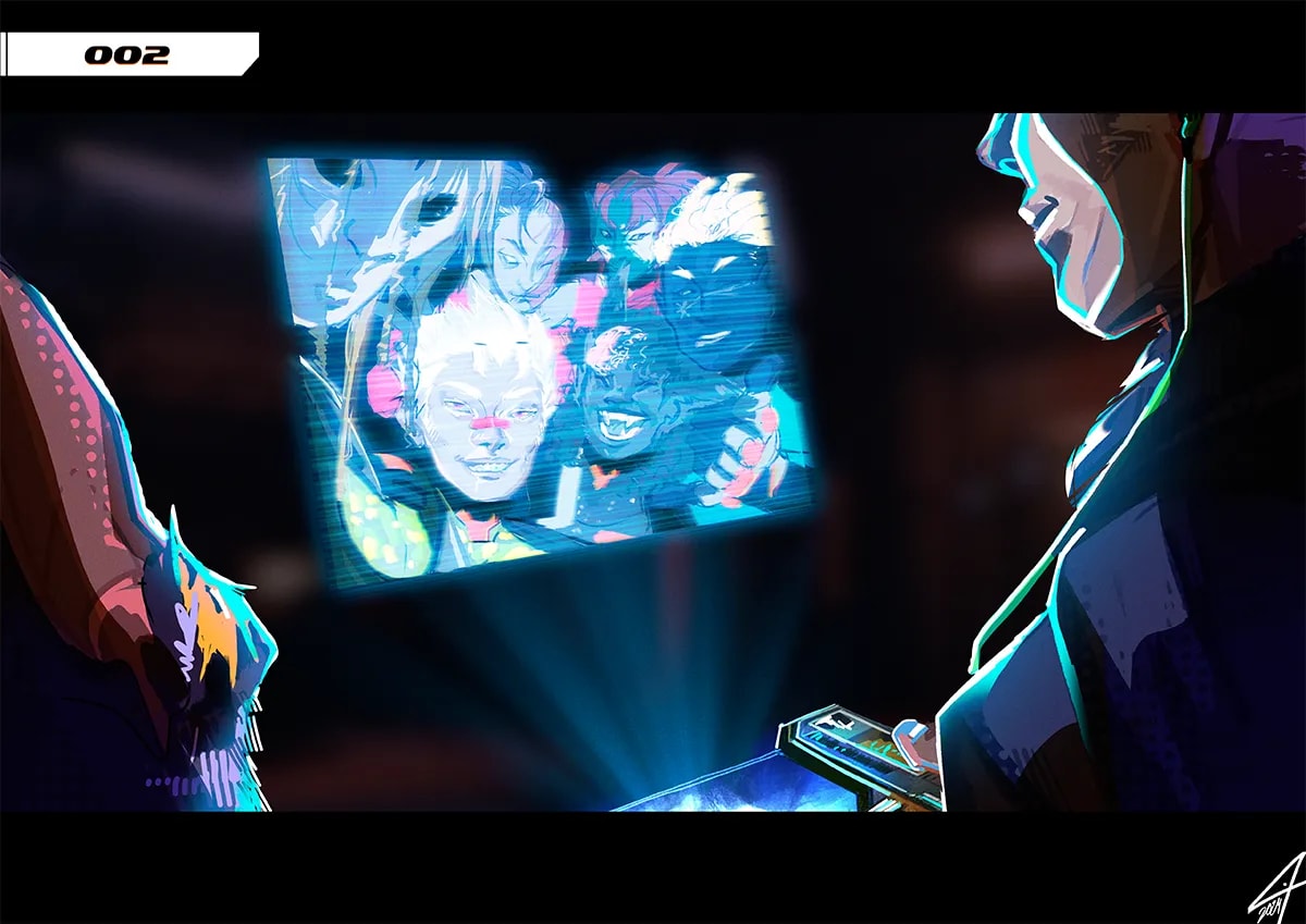 Key art del proyecto Code Meka con dos figuras mirando una proyección holografica con las caras del equipo, de Tatiana Garrido, alumna de Ilustración y Animación 2D en TRAZOS