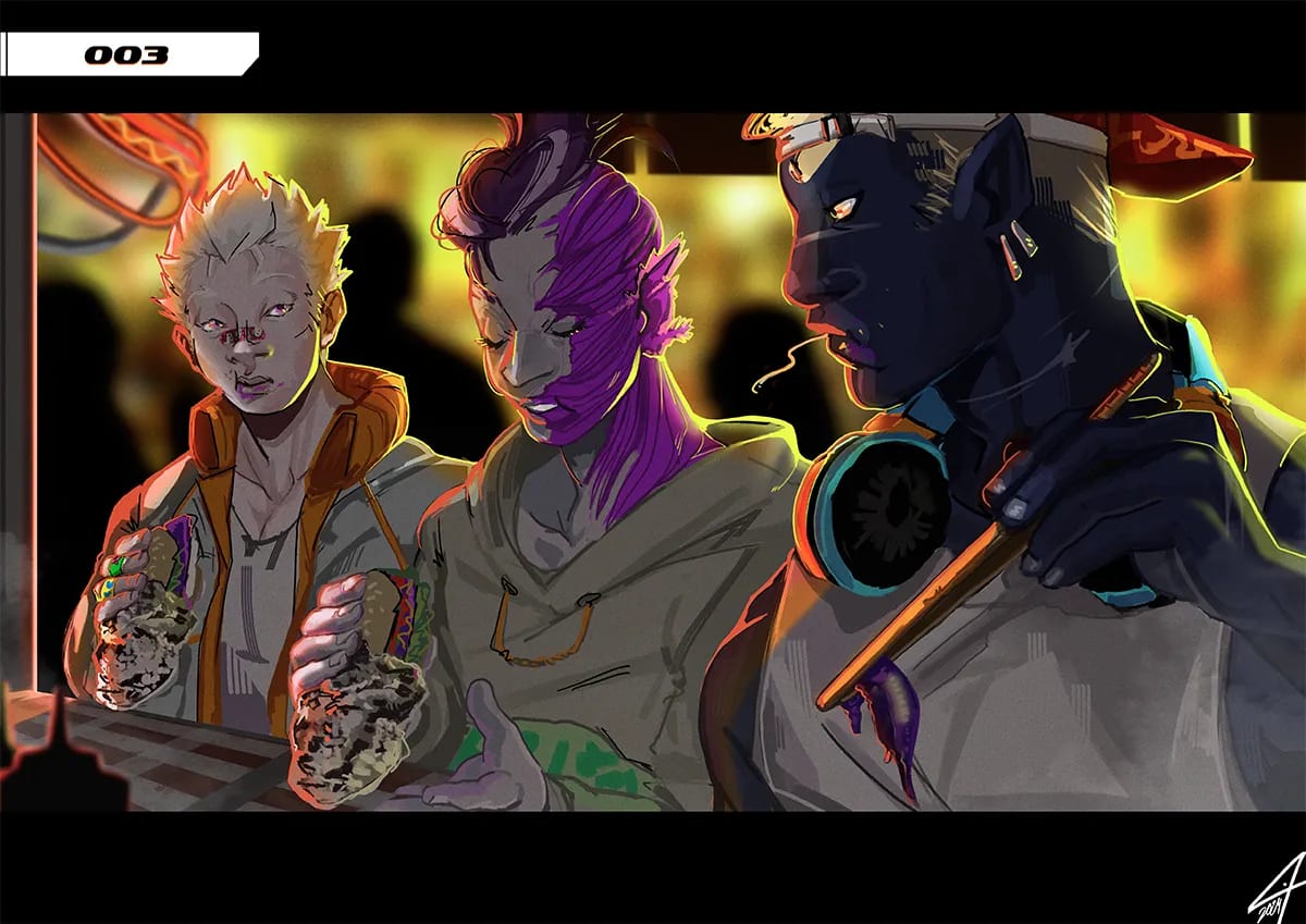 Key art del proyecto Code Meka con tres personajes comiendo tacos juntos en un mercado nocturno con luces de neón, de Tatiana Garrido, alumna de Ilustración y Animación 2D en TRAZOS