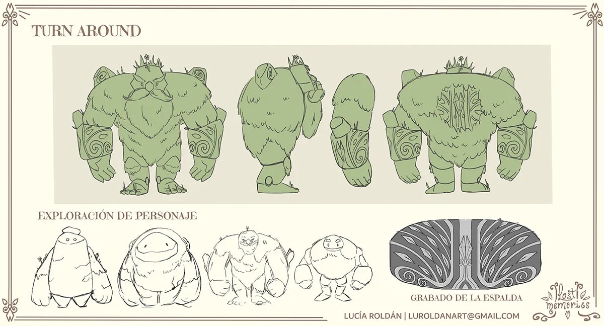 Turnaround del golem Aldo con vistas y grabado de la espalda, de Lucía Roldán, alumna de Ilustración y Animación 2D en TRAZOS