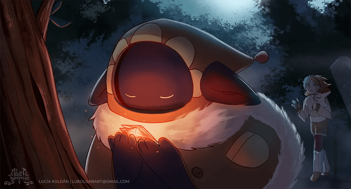 Ilustración nocturna de la criatura Leo sosteniendo un cristal brillante mientras Iris observa, de Lucía Roldán, alumna de Ilustración y Animación 2D en TRAZOS