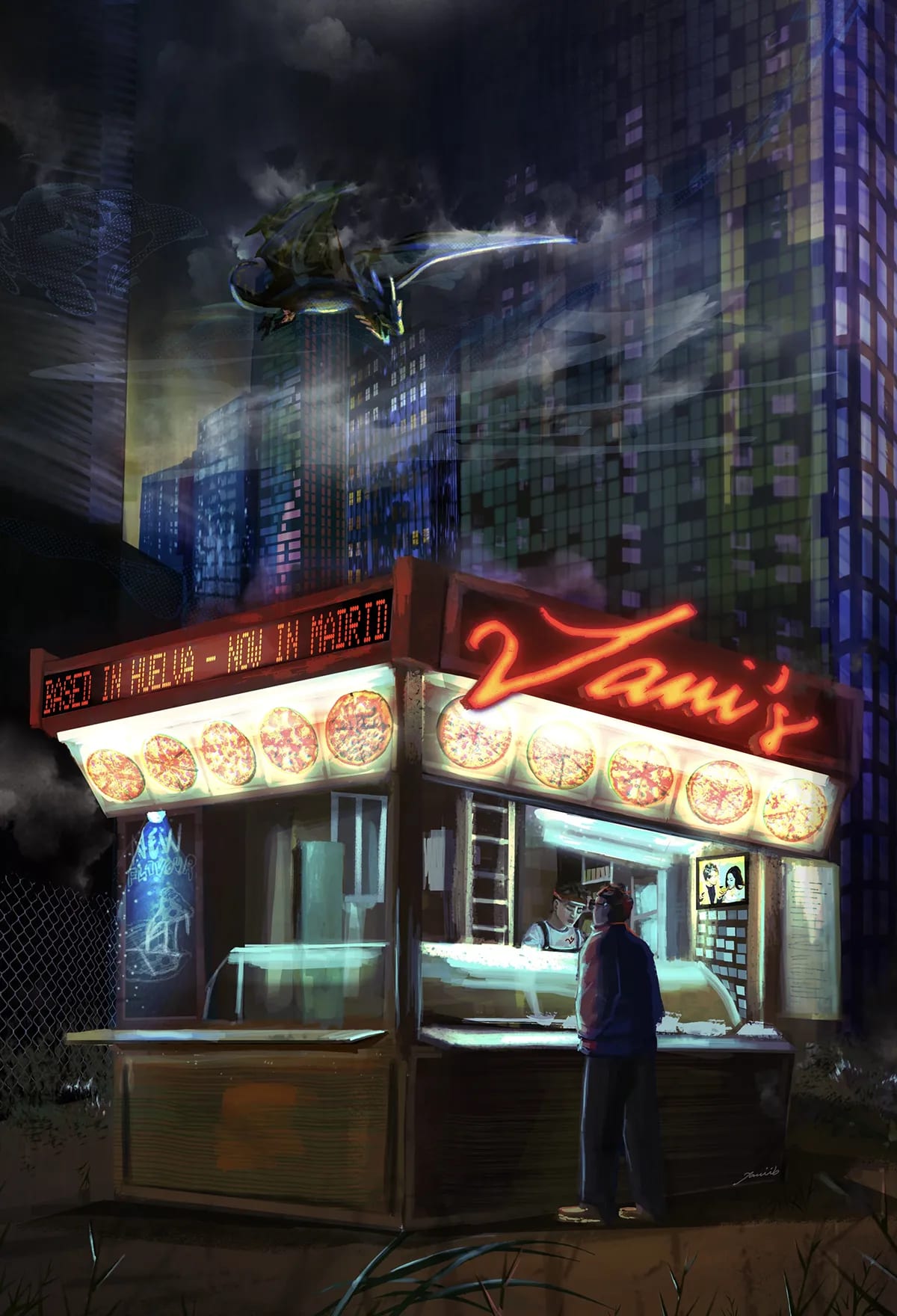 Ilustración vertical del puesto de pizza nocturno con una criatura sobrevolando la ciudad, de Javier Rubio Pérez, alumno de Ilustración y Animación 2D en TRAZOS
