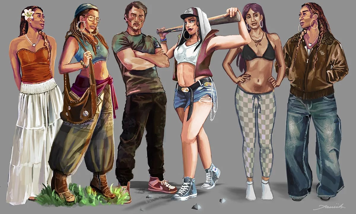 Hoja de personajes de estilo urbano y streetwear, de Javier Rubio Pérez, alumno de Ilustración y Animación 2D en TRAZOS