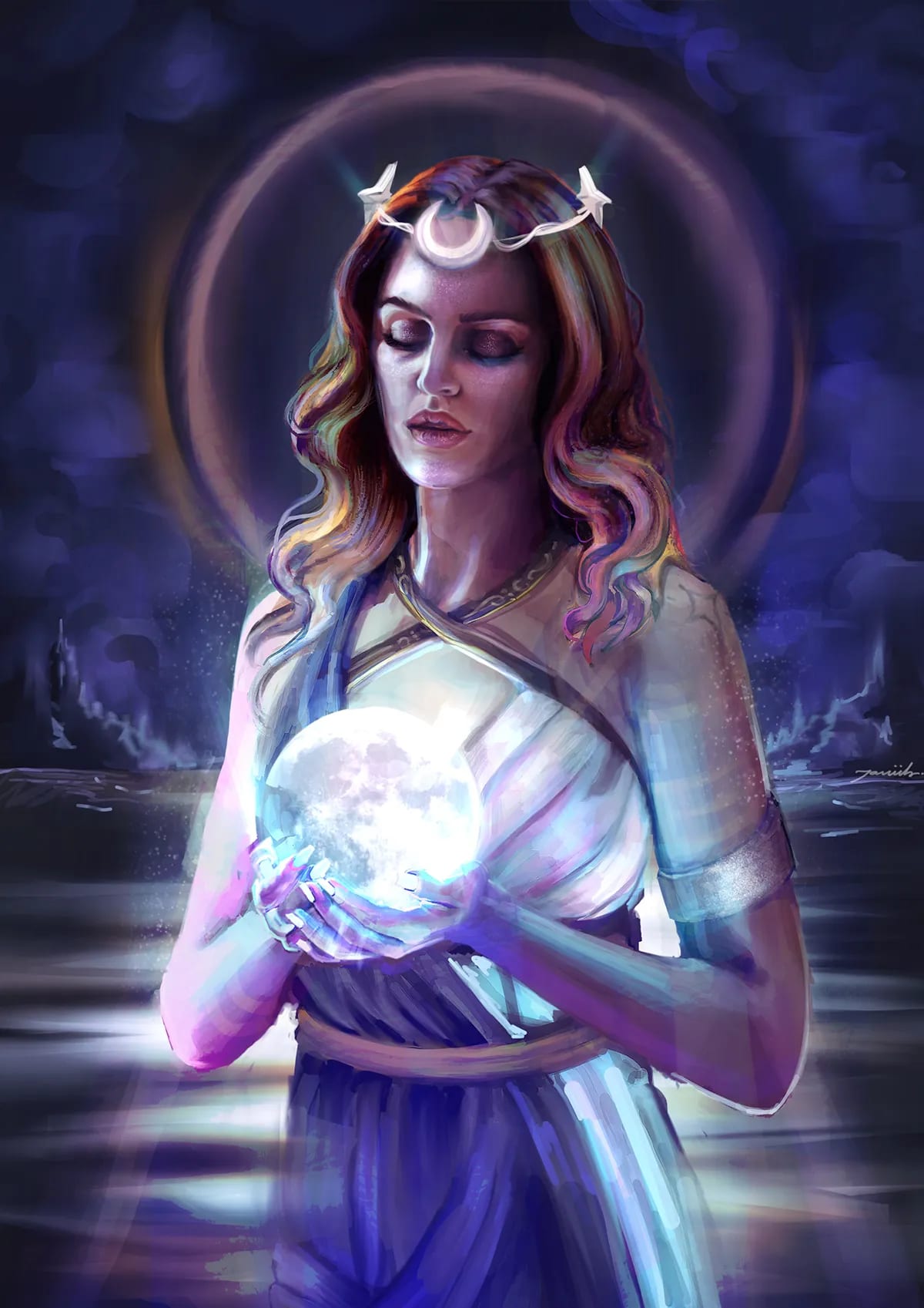 Ilustración de una diosa de la luna sosteniendo una esfera lunar luminosa, de Javier Rubio Pérez, alumno de Ilustración y Animación 2D en TRAZOS