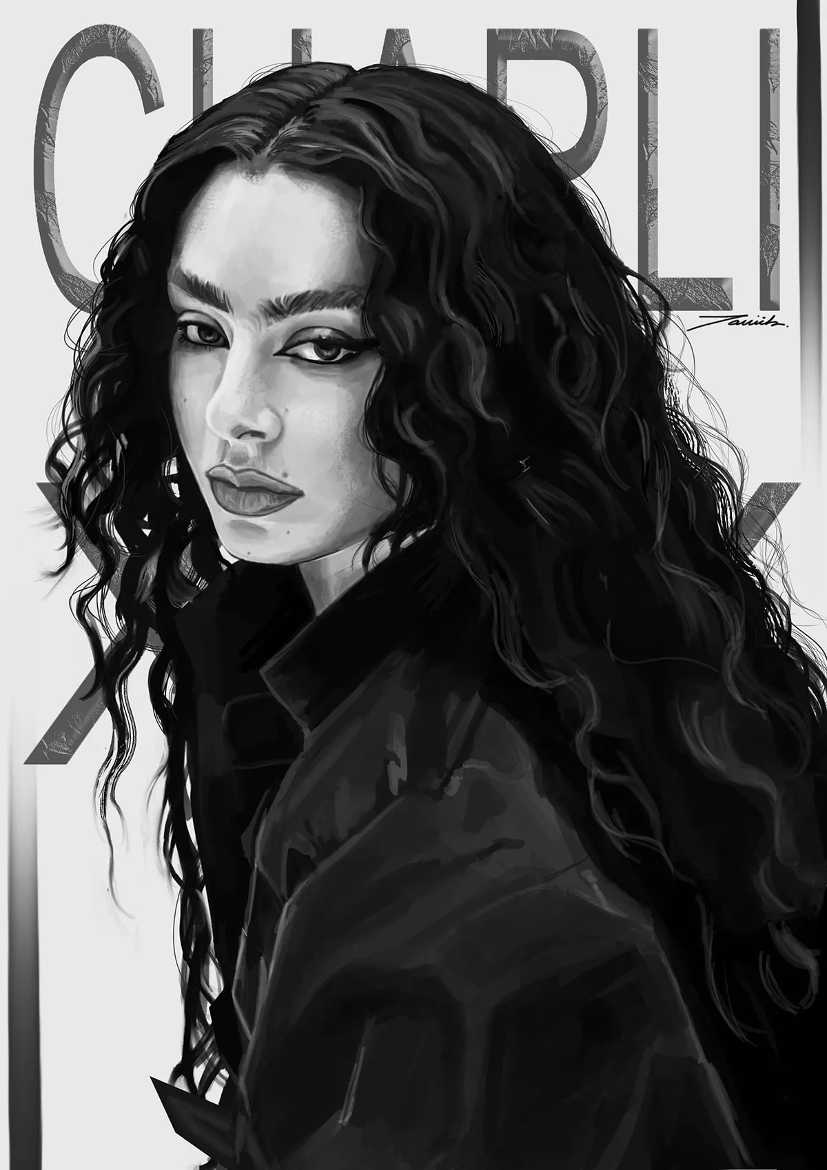 Retrato ilustrado en blanco y negro de una mujer de pelo rizado, de Javier Rubio Pérez, alumno de Ilustración y Animación 2D en TRAZOS