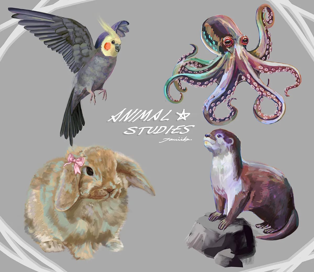 Estudios de animales con cacatúa, pulpo, conejo y nutria, de Javier Rubio Pérez, alumno de Ilustración y Animación 2D en TRAZOS
