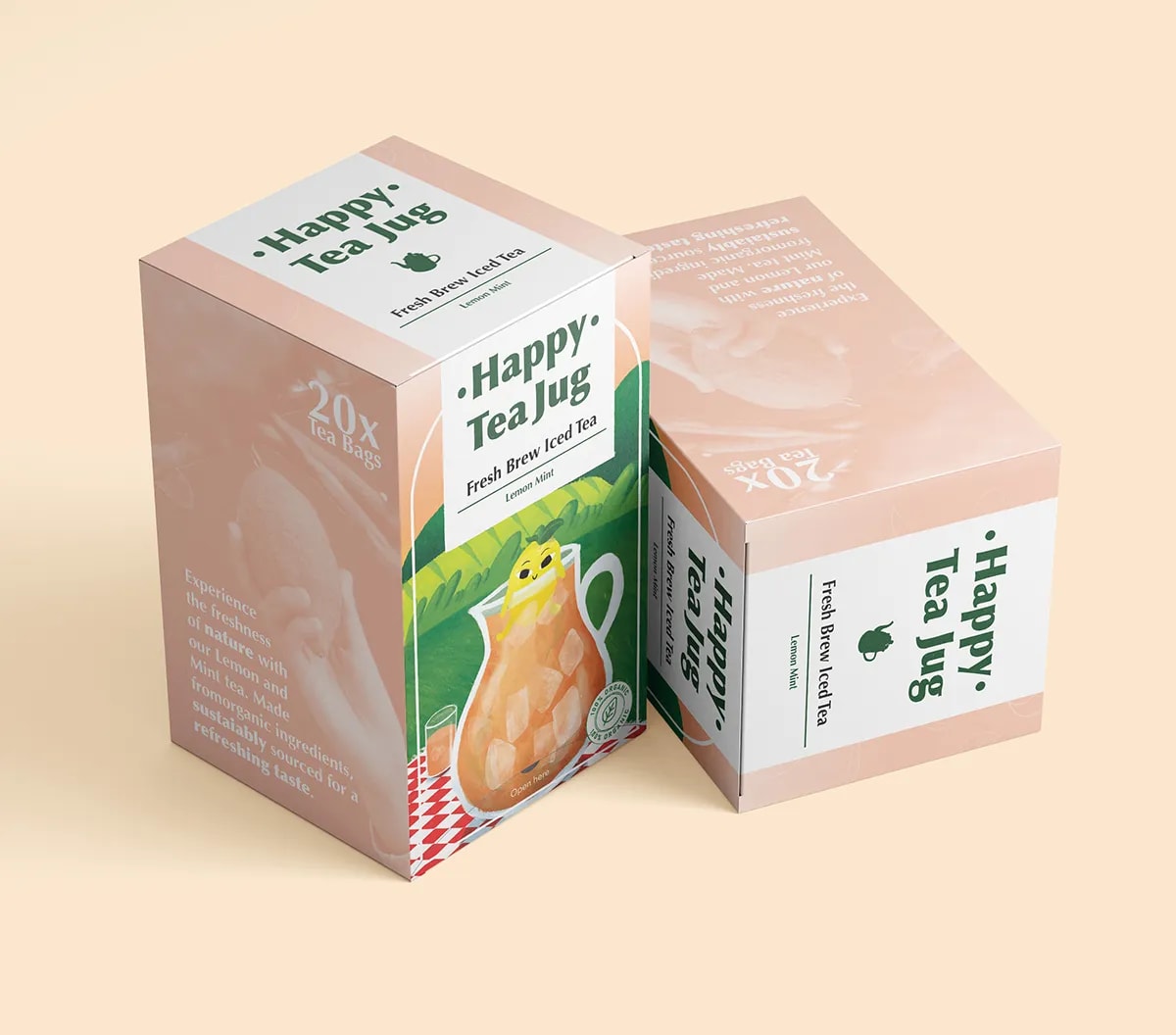 Mockup de dos cajas de té Happy Tea Jug con ilustración de jarra de té helado, de Adriana Valdez, alumna de Ilustración y Animación 2D en TRAZOS