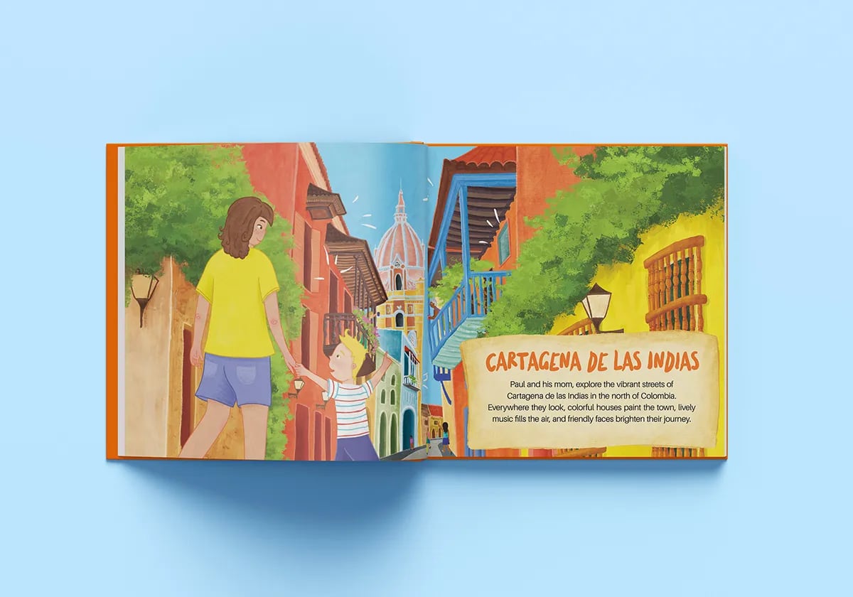 Doble página de libro infantil ilustrado sobre Cartagena de Indias con calles coloridas, de Adriana Valdez, alumna de Ilustración y Animación 2D en TRAZOS