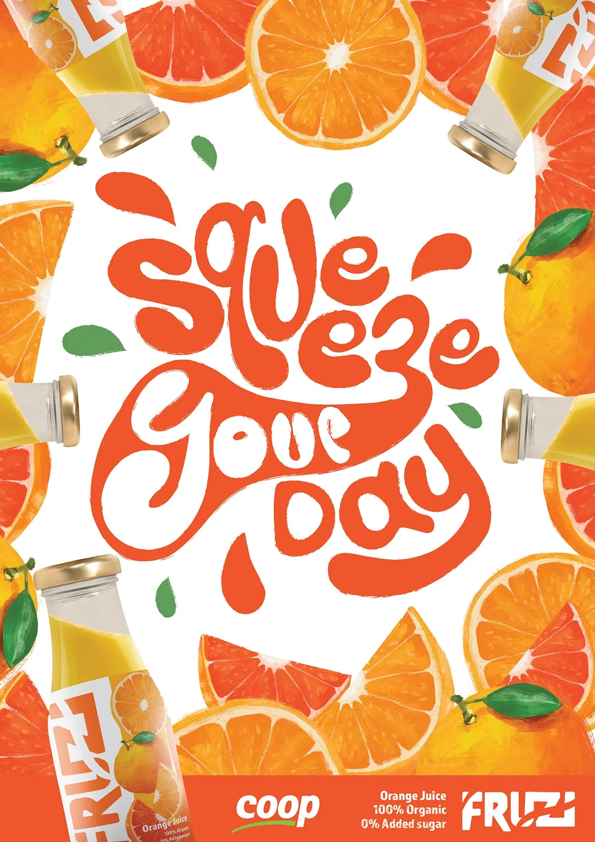 Cartel ilustrado de zumo de naranja Frizz con lettering Squeeze Your Day rodeado de naranjas, de Adriana Valdez, alumna de Ilustración y Animación 2D en TRAZOS