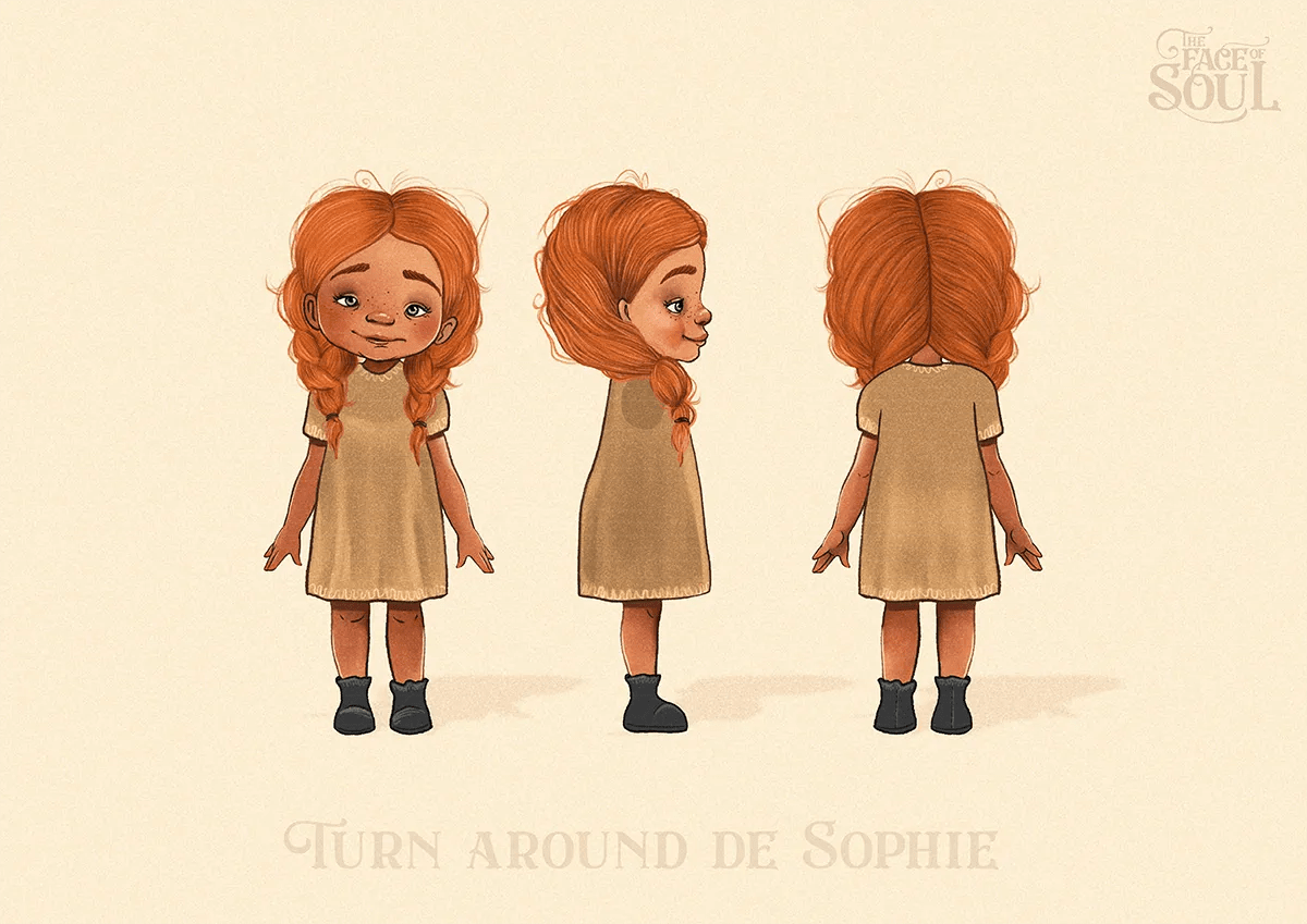 Turn around del personaje Sophie, una niña pelirroja con vestido beige, en tres vistas, de Carlota Coca, alumna de Ilustración y Animación 2D en TRAZOS