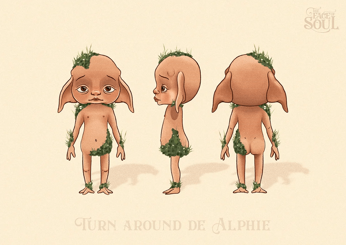 Turn around de la criatura Alphie, un ser de orejas grandes con musgo, en tres vistas, de Carlota Coca, alumna de Ilustración y Animación 2D en TRAZOS