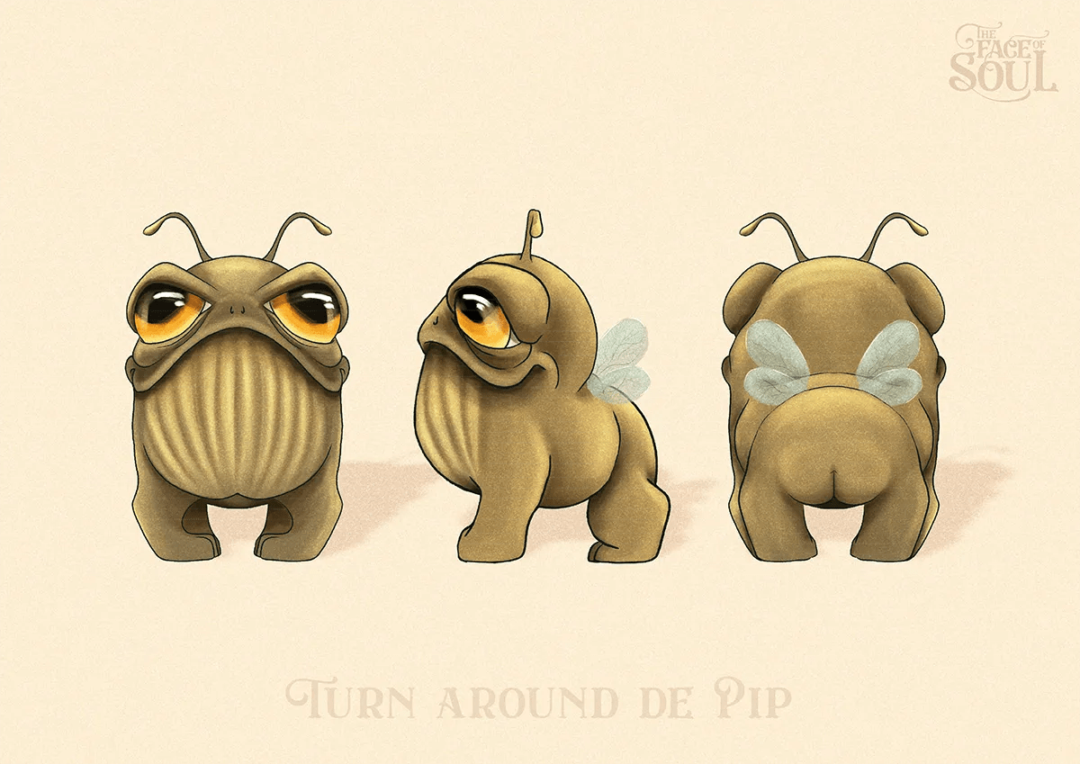 Turn around de la criatura Pip, un ser tipo insecto con alas, en tres vistas, de Carlota Coca, alumna de Ilustración y Animación 2D en TRAZOS