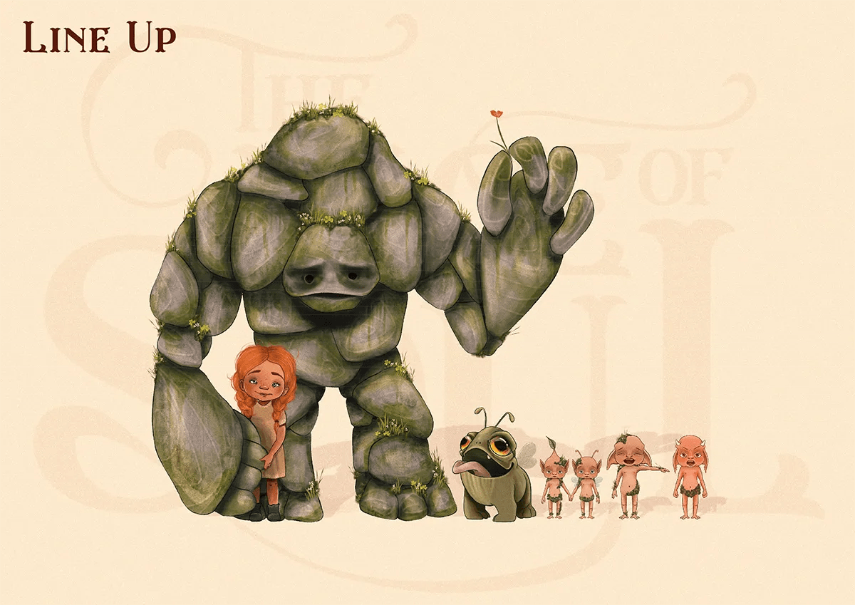 Lineup de los personajes de The Face of Soul con Sophie, un gigante de piedra y varias criaturas, de Carlota Coca, alumna de Ilustración y Animación 2D en TRAZOS