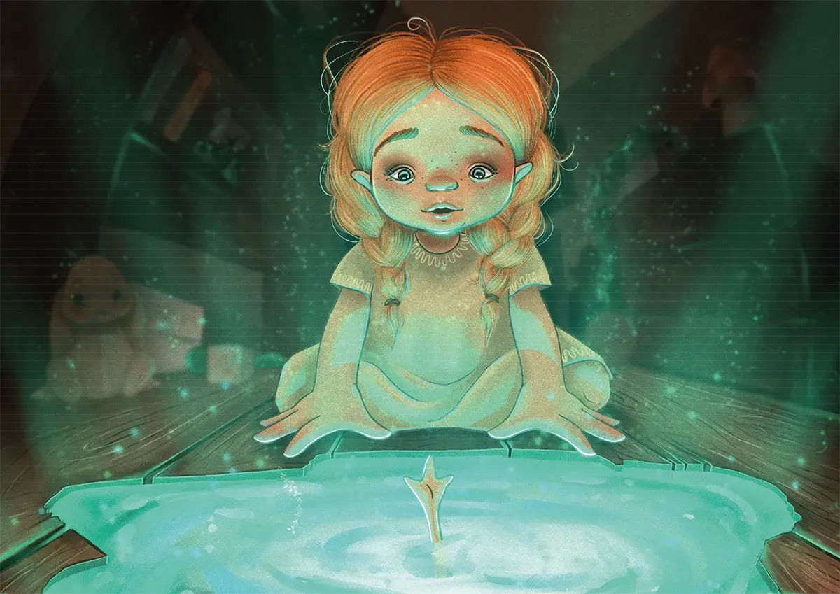 Ilustración de Sophie asomada a un charco mágico de luz verde con una criatura al fondo, de Carlota Coca, alumna de Ilustración y Animación 2D en TRAZOS