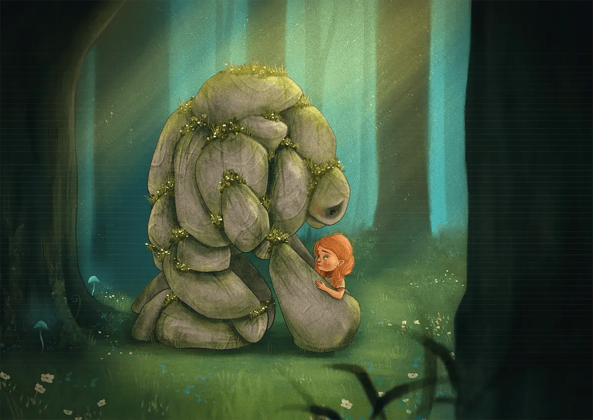 Ilustración de Sophie abrazando a un gigante de piedra cubierto de musgo en un bosque azulado, de Carlota Coca, alumna de Ilustración y Animación 2D en TRAZOS