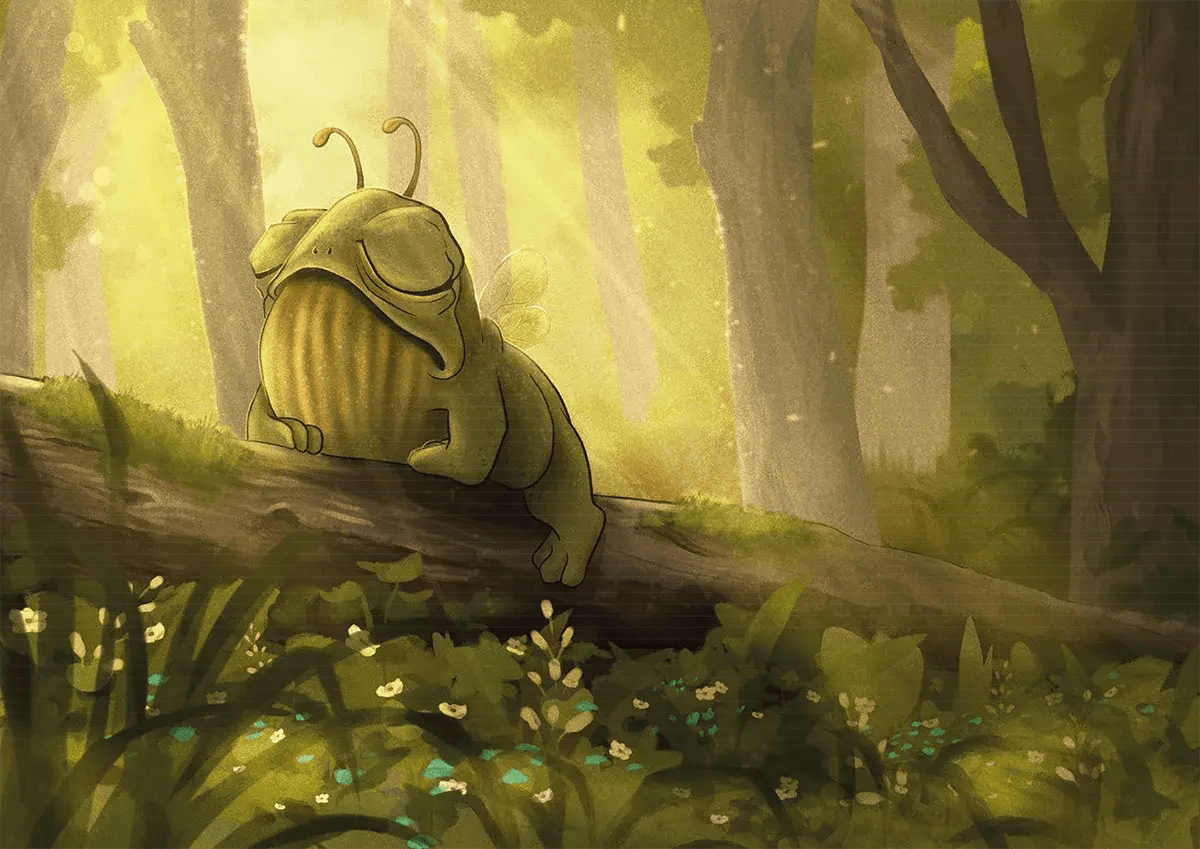 Ilustración de la criatura Pip descansando sobre un tronco en un bosque iluminado, de Carlota Coca, alumna de Ilustración y Animación 2D en TRAZOS