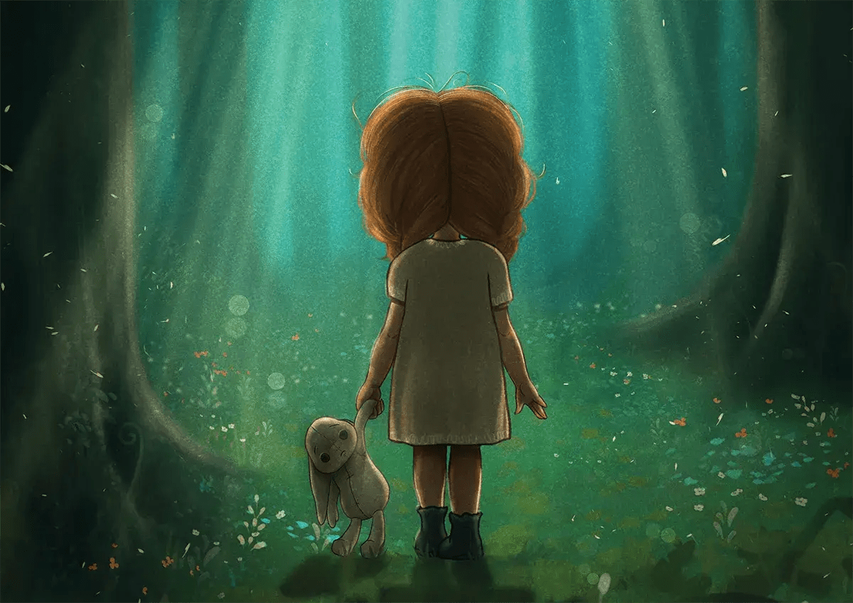 Ilustración de Sophie de espaldas con su peluche adentrándose en un bosque mágico iluminado, de Carlota Coca, alumna de Ilustración y Animación 2D en TRAZOS