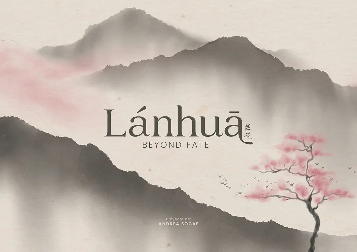 Ilustración de paisaje de montañas en tinta china con rama de cerezo para el proyecto Lanhua, de Andrea Socas, alumna de Ilustración y Animación 2D en TRAZOS