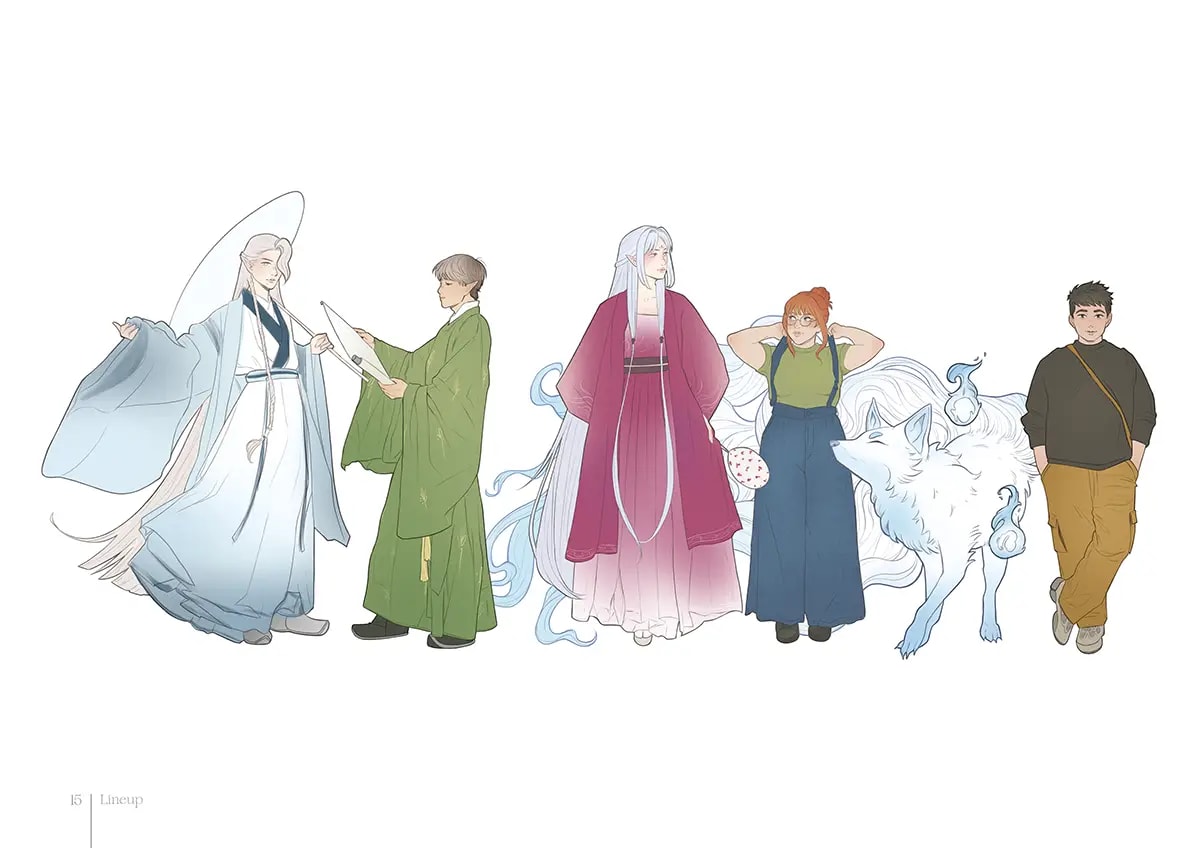 Lineup de los personajes del proyecto Lanhua con figuras de fantasía oriental y un zorro espíritu, de Andrea Socas, alumna de Ilustración y Animación 2D en TRAZOS