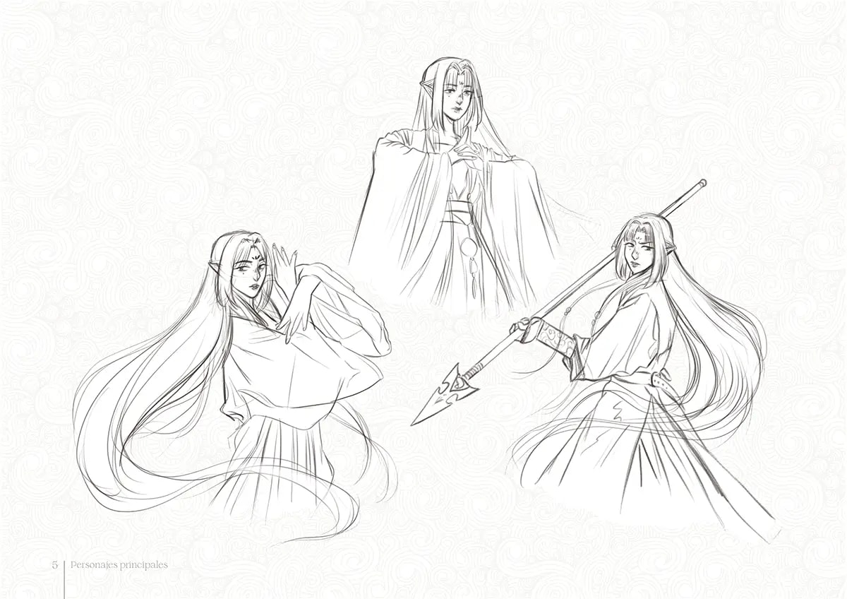 Lámina de bocetos a lápiz con poses del personaje elfo del proyecto Lanhua, de Andrea Socas, alumna de Ilustración y Animación 2D en TRAZOS