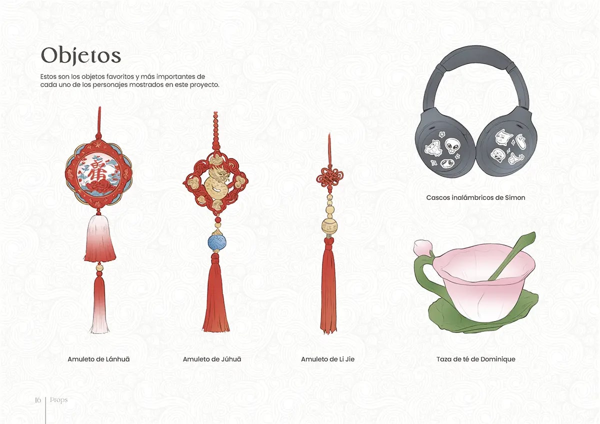 Lámina de props del proyecto Lanhua con amuletos chinos, cascos y taza de té de los personajes, de Andrea Socas, alumna de Ilustración y Animación 2D en TRAZOS