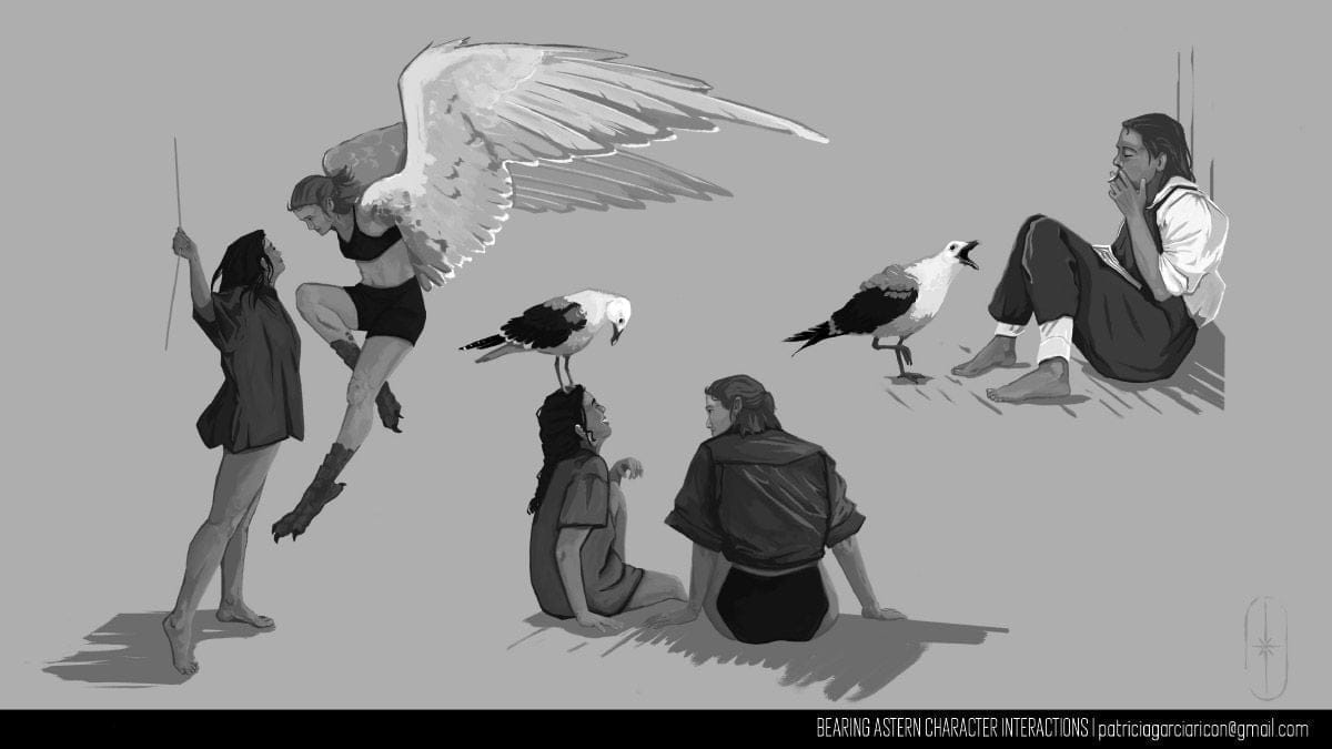Hoja de interacciones de los personajes con gaviotas del proyecto Bearing Astern, de Patricia García Ricon, alumna de Ilustración y Animación 2D en TRAZOS