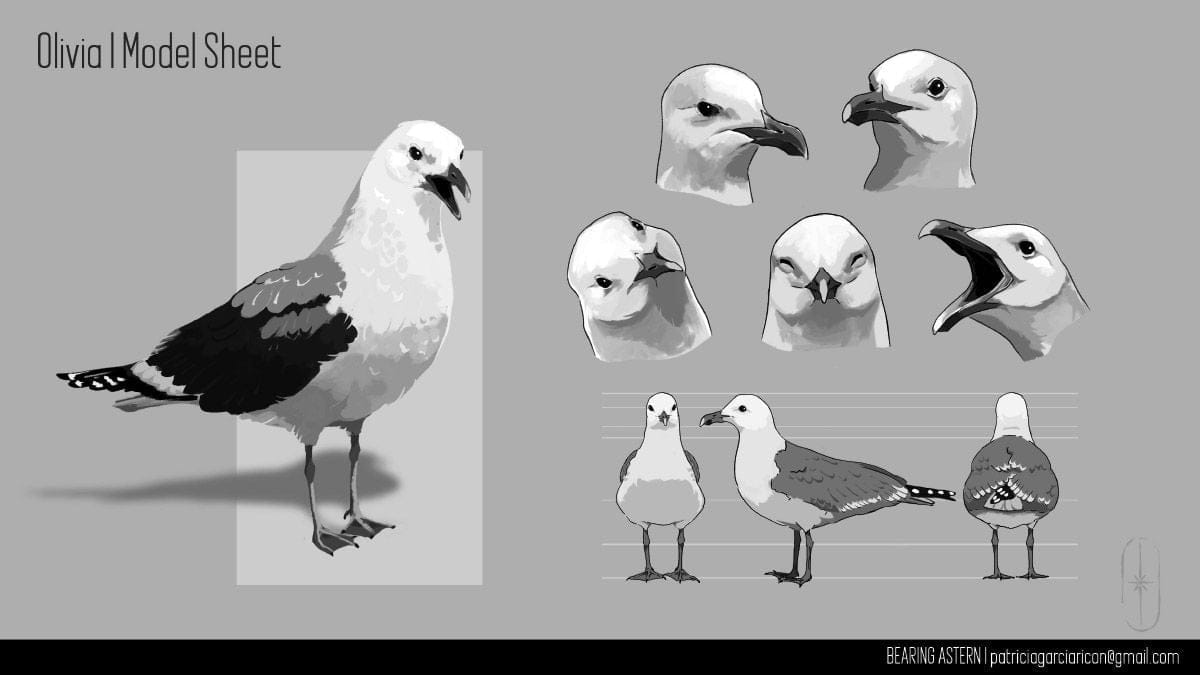 Model sheet de la gaviota Olivia con vistas y expresiones del proyecto Bearing Astern, de Patricia García Ricon, alumna de Ilustración y Animación 2D en TRAZOS